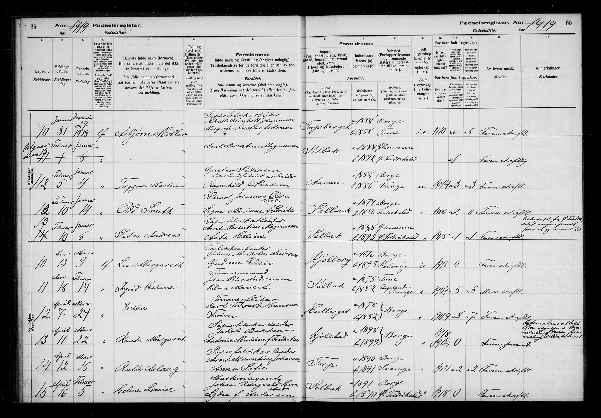 Borge prestekontor Kirkebøker, AV/SAO-A-10903/J/Ja/L0001: Fødselsregister nr. I 1, 1916-1925, s. 65