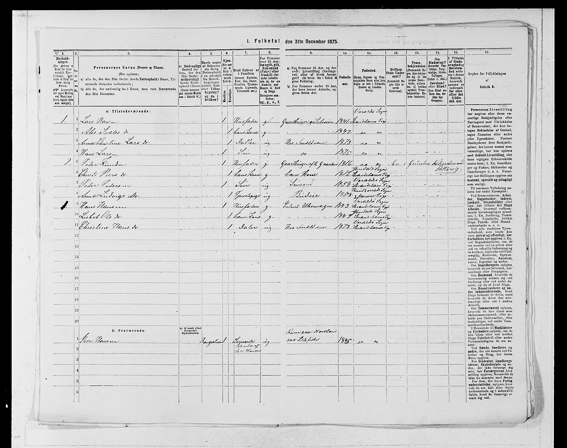 SAB, Folketelling 1875 for 1226P Strandebarm prestegjeld, 1875, s. 541