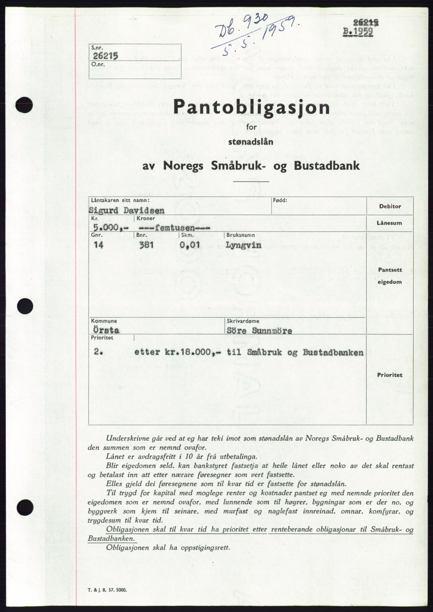 Søre Sunnmøre sorenskriveri, SAT/A-4122/1/2/2C/L0133: Pantebok nr. 21B, 1959-1959, Dagboknr: 930/1959