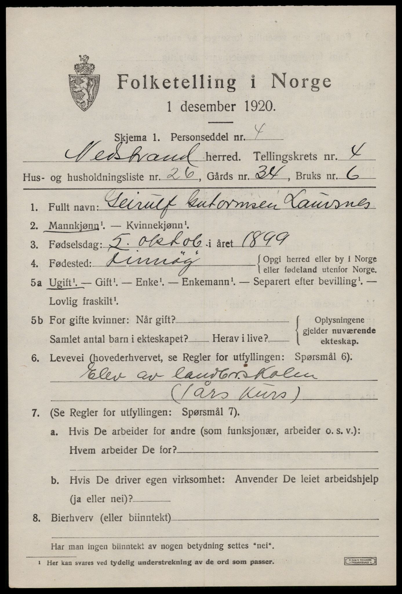 SAST, Folketelling 1920 for 1139 Nedstrand herred, 1920, s. 2263