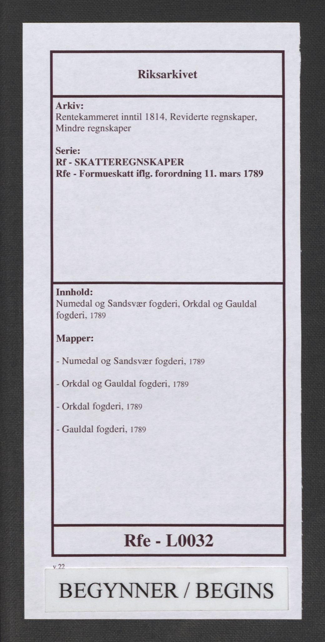 Rentekammeret inntil 1814, Reviderte regnskaper, Mindre regnskaper, AV/RA-EA-4068/Rf/Rfe/L0032: Numedal og Sandsvær fogderi, Orkdal og Gauldal fogderi, 1789, s. 1