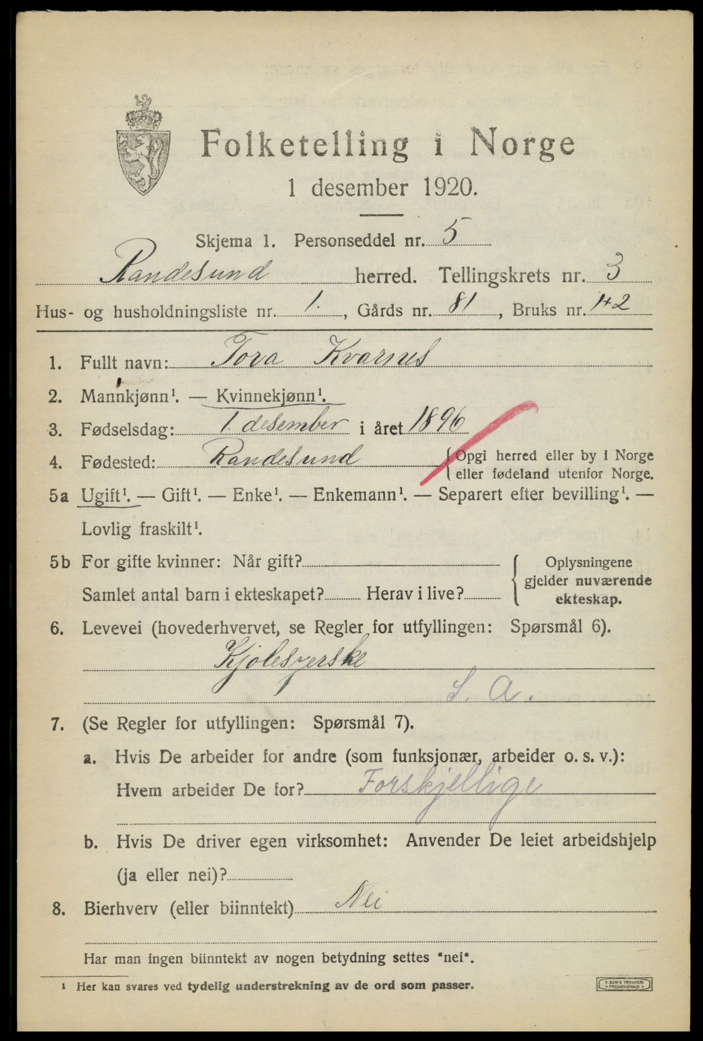 SAK, Folketelling 1920 for 1011 Randesund herred, 1920, s. 1460