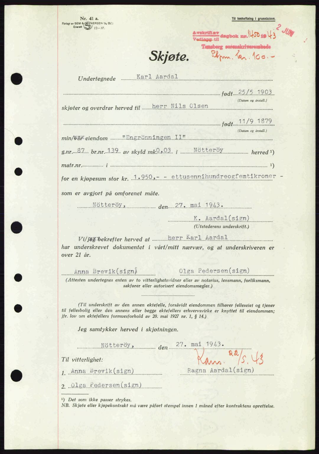 Tønsberg sorenskriveri, AV/SAKO-A-130/G/Ga/Gaa/L0013: Pantebok nr. A13, 1943-1943, Dagboknr: 1450/1943