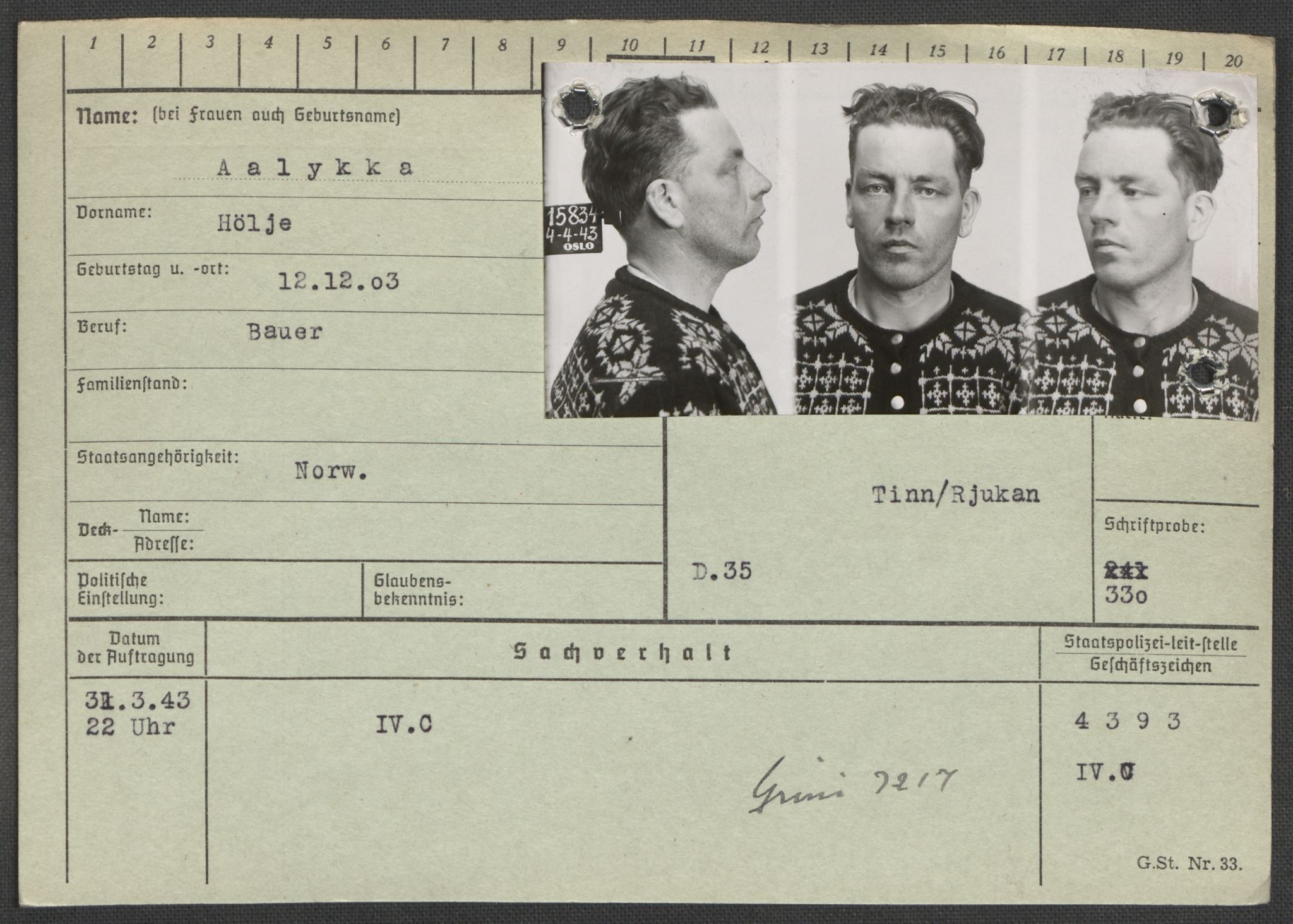 Befehlshaber der Sicherheitspolizei und des SD, AV/RA-RAFA-5969/E/Ea/Eaa/L0010: Register over norske fanger i Møllergata 19: Sø-Å, 1940-1945, s. 1404