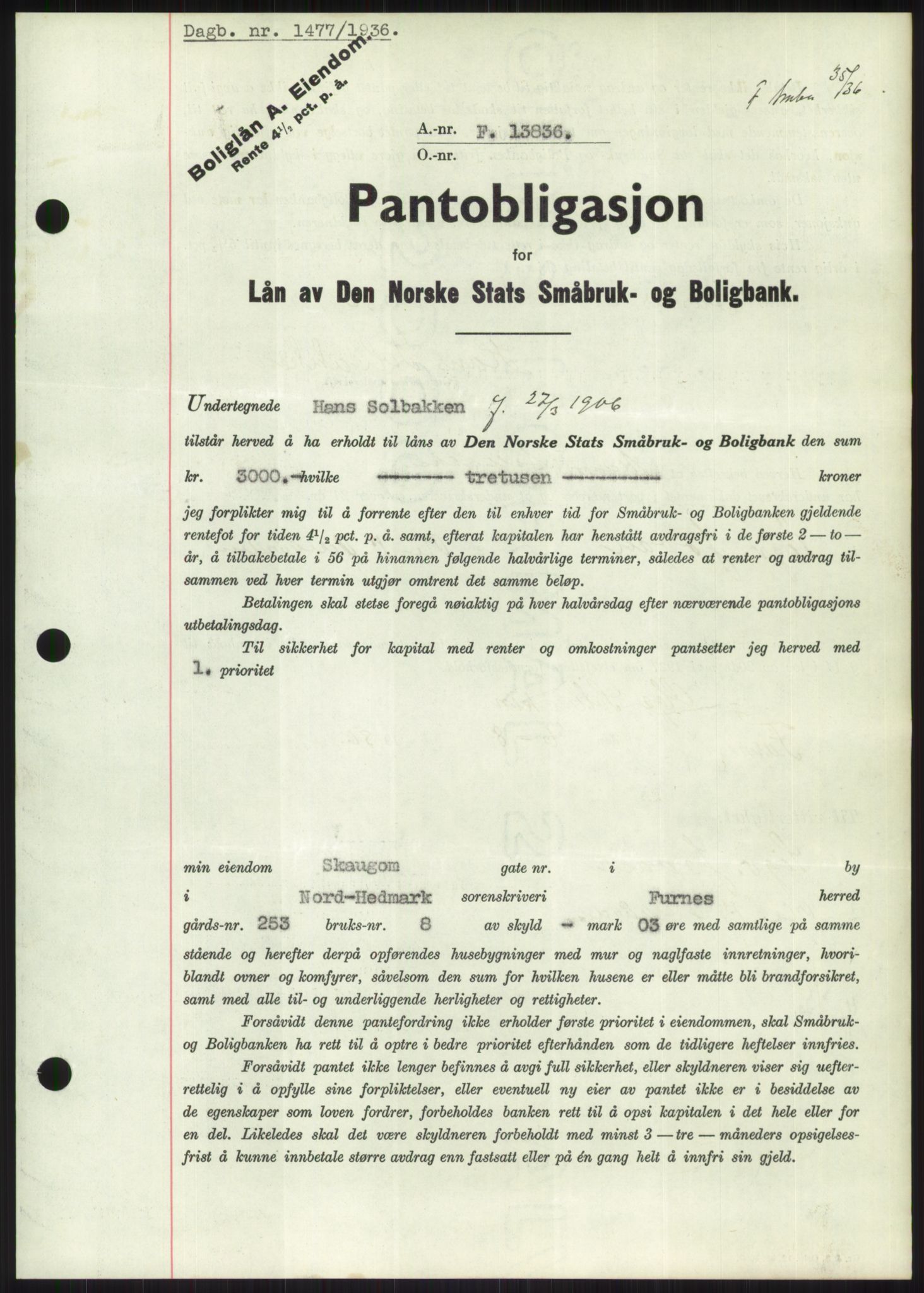 Nord-Hedmark sorenskriveri, SAH/TING-012/H/Hb/Hbf/L0001: Pantebok nr. B1, 1936-1936, Dagboknr: 1477/1936