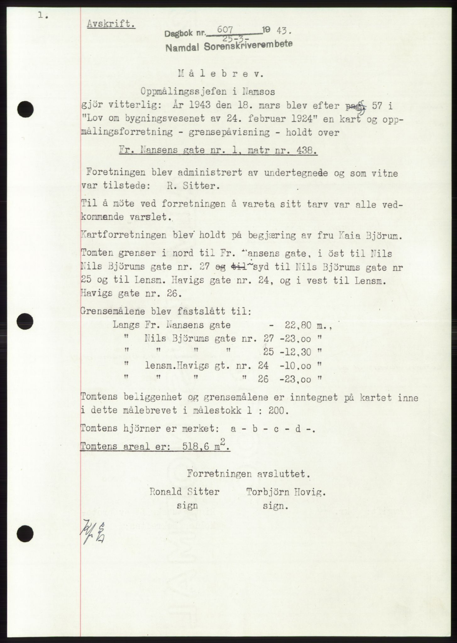 Namdal sorenskriveri, SAT/A-4133/1/2/2C: Pantebok nr. -, 1942-1943, Dagboknr: 607/1943