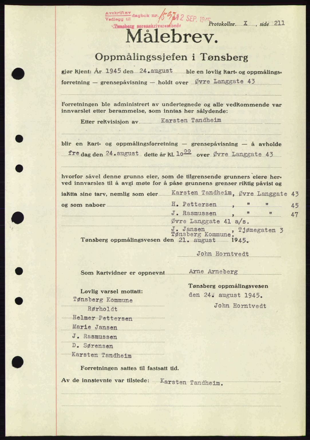 Tønsberg sorenskriveri, AV/SAKO-A-130/G/Ga/Gaa/L0017a: Pantebok nr. A17a, 1945-1945, Dagboknr: 1597/1945