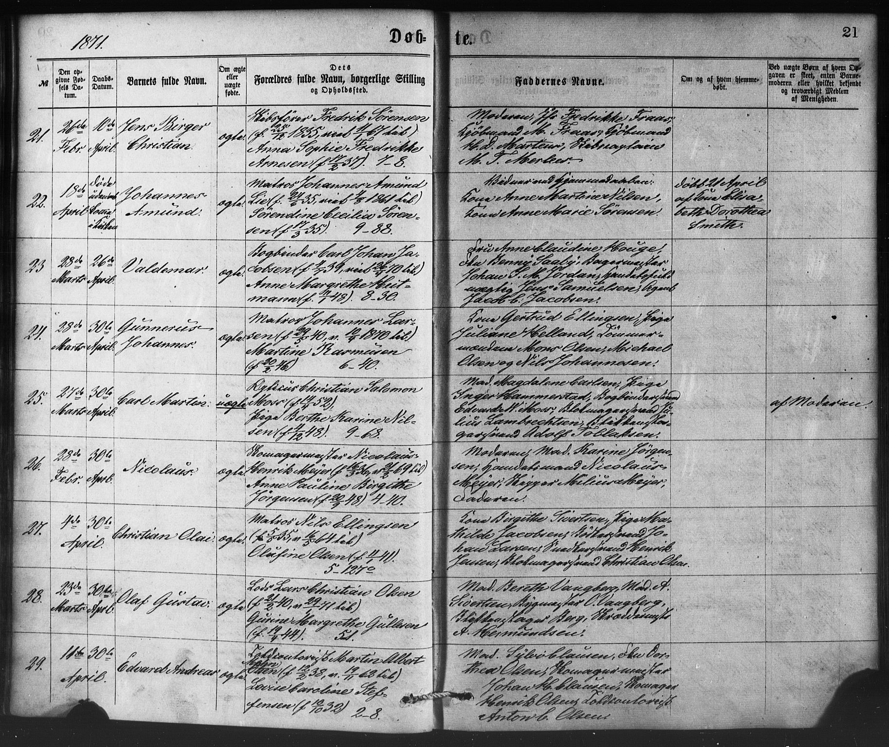 Nykirken Sokneprestembete, AV/SAB-A-77101/H/Haa/L0016: Ministerialbok nr. B 3, 1870-1884, s. 21