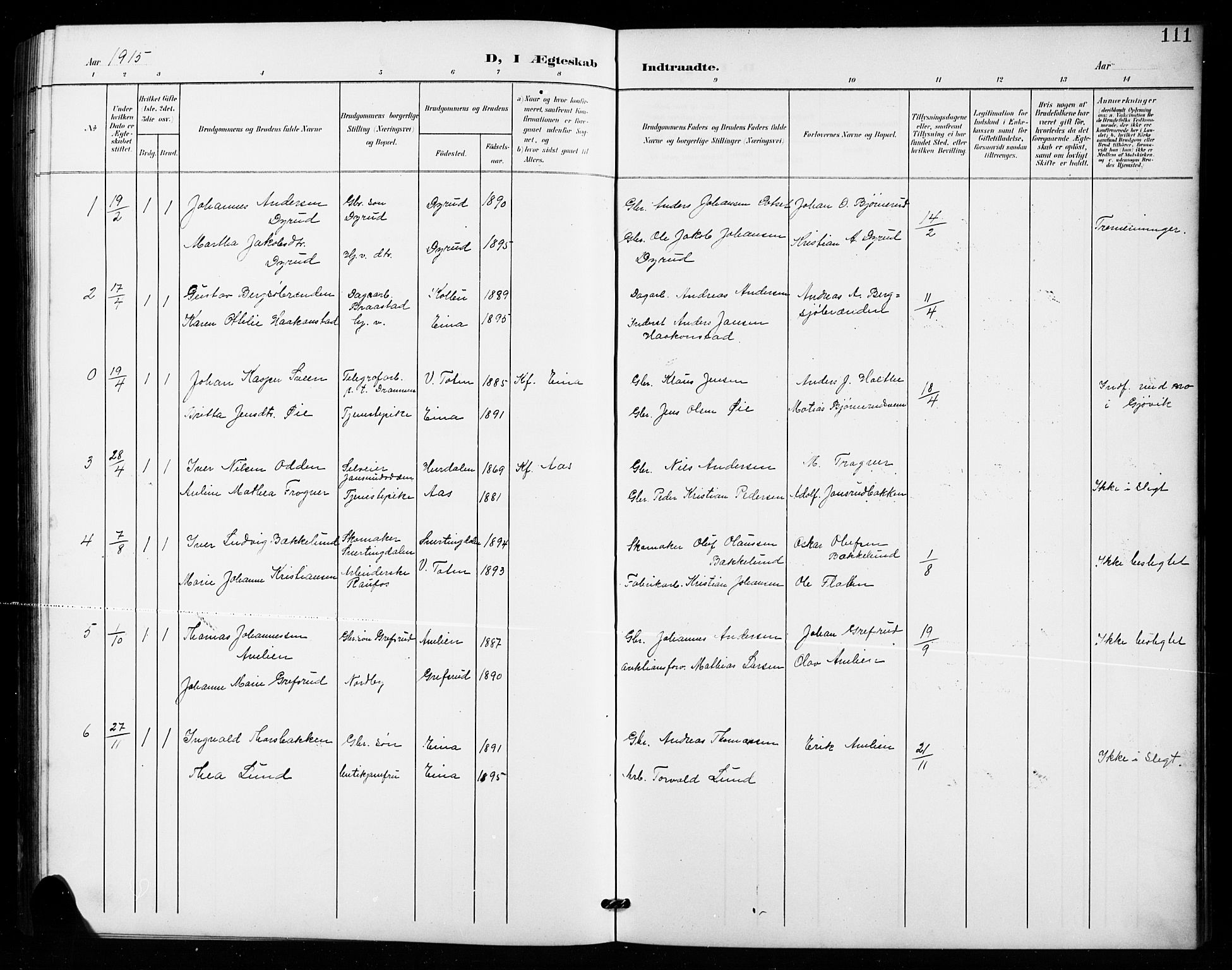 Vestre Toten prestekontor, AV/SAH-PREST-108/H/Ha/Hab/L0016: Klokkerbok nr. 16, 1901-1915, s. 111