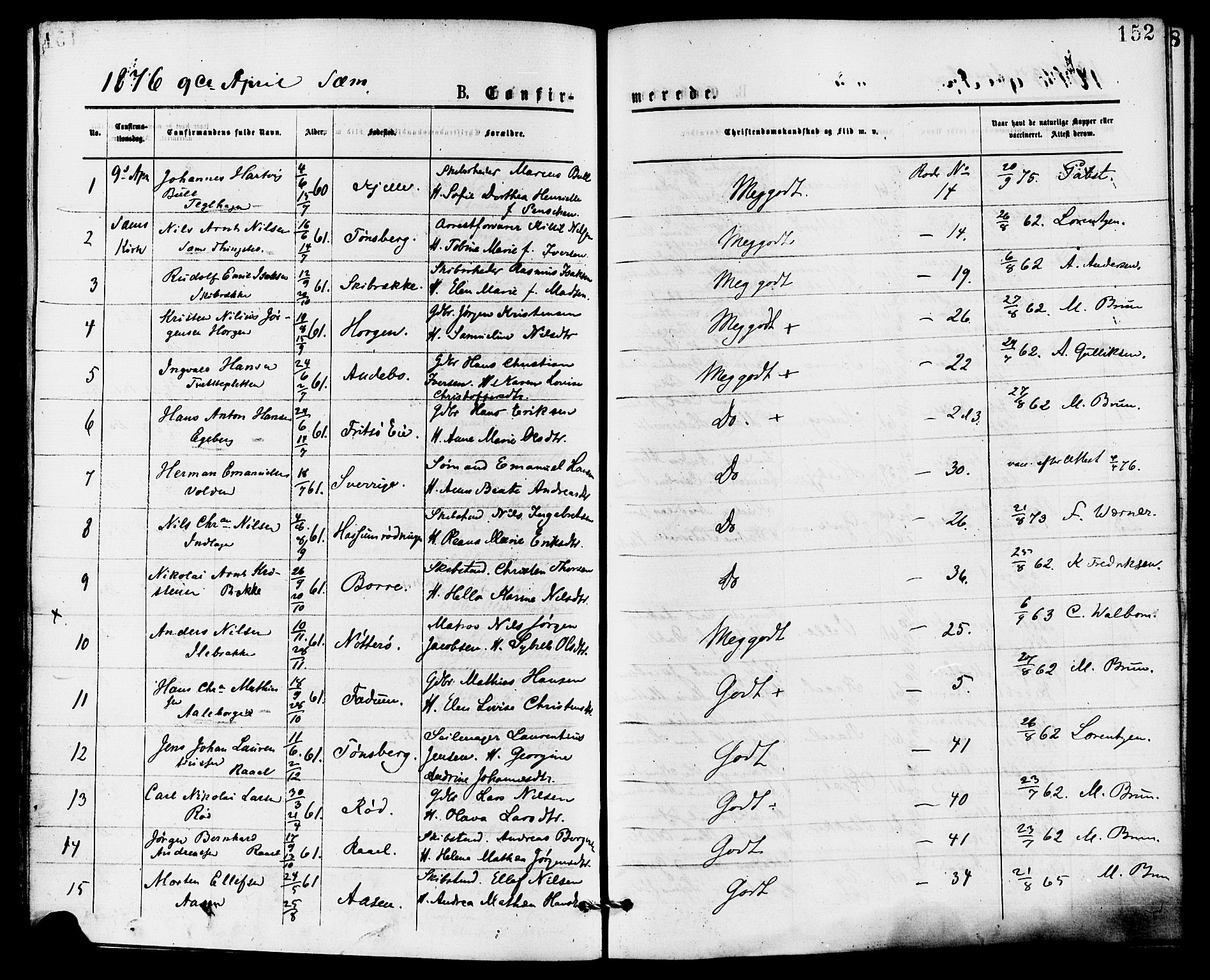 Sem kirkebøker, AV/SAKO-A-5/F/Fa/L0009: Ministerialbok nr. I 9, 1874-1877, s. 152