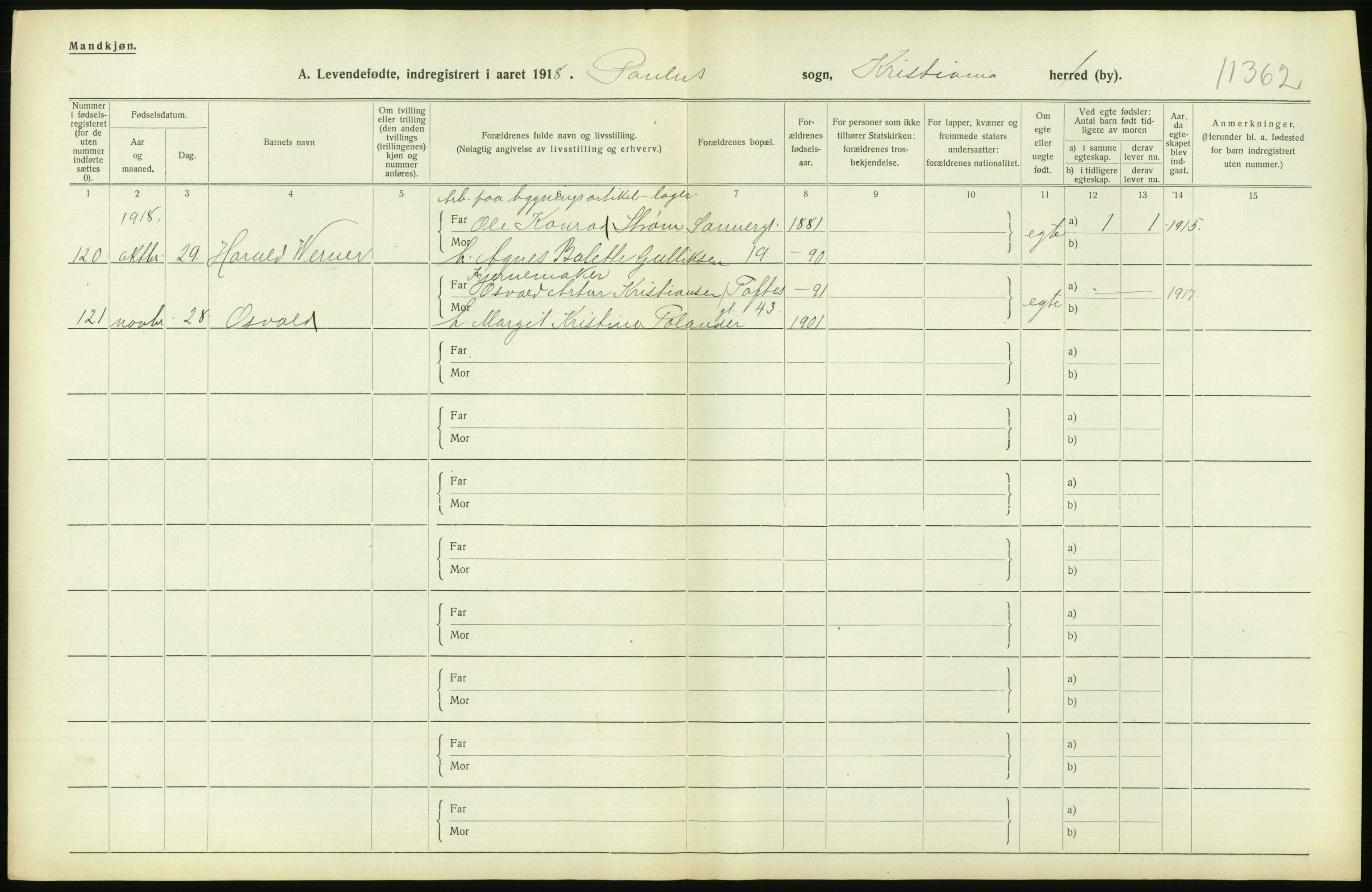 Statistisk sentralbyrå, Sosiodemografiske emner, Befolkning, AV/RA-S-2228/D/Df/Dfb/Dfbh/L0008: Kristiania: Levendefødte menn og kvinner., 1918, s. 654