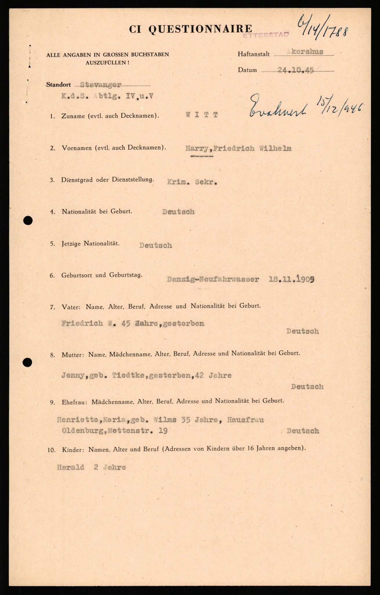 Forsvaret, Forsvarets overkommando II, AV/RA-RAFA-3915/D/Db/L0036: CI Questionaires. Tyske okkupasjonsstyrker i Norge. Tyskere., 1945-1946, s. 328