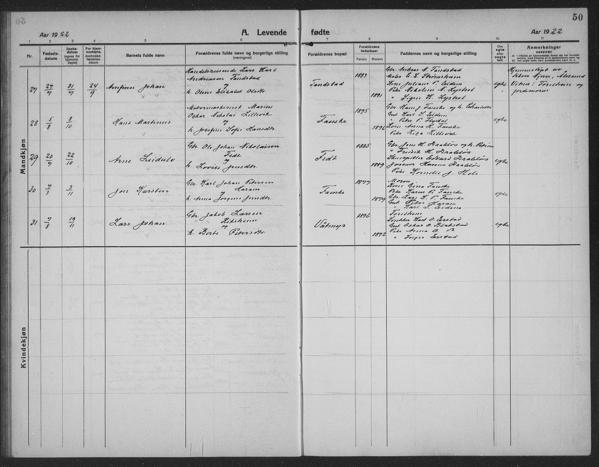 Ministerialprotokoller, klokkerbøker og fødselsregistre - Møre og Romsdal, AV/SAT-A-1454/523/L0342: Klokkerbok nr. 523C05, 1916-1937, s. 50