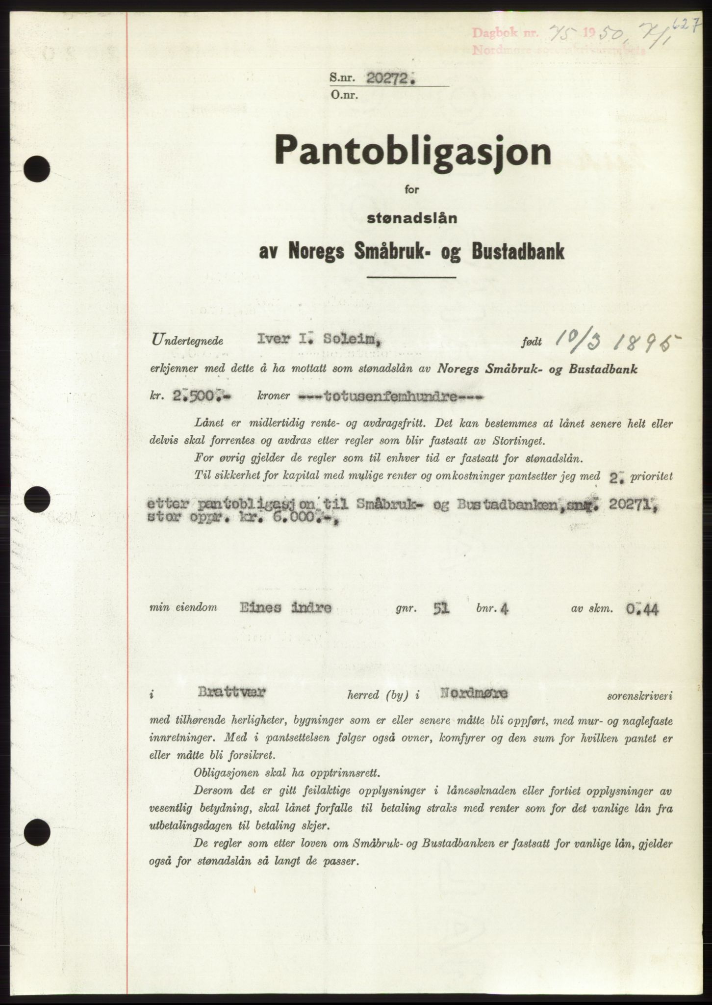 Nordmøre sorenskriveri, SAT/A-4132/1/2/2Ca: Pantebok nr. B103, 1949-1950, Dagboknr: 75/1950