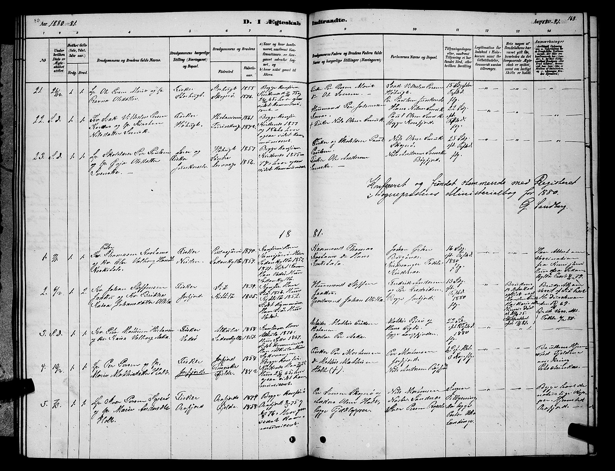 Sør-Varanger sokneprestkontor, AV/SATØ-S-1331/H/Hb/L0003klokker: Klokkerbok nr. 3, 1878-1891, s. 168