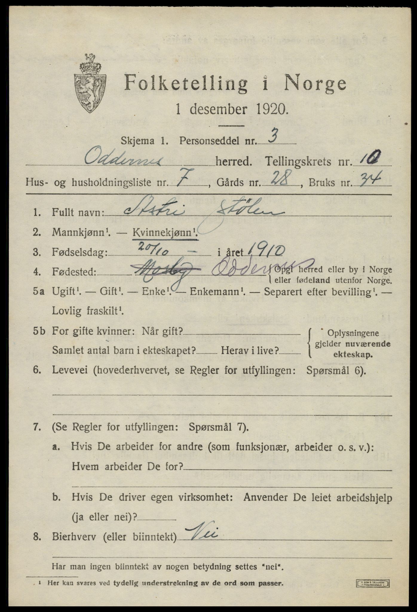 SAK, Folketelling 1920 for 1012 Oddernes herred, 1920, s. 6439