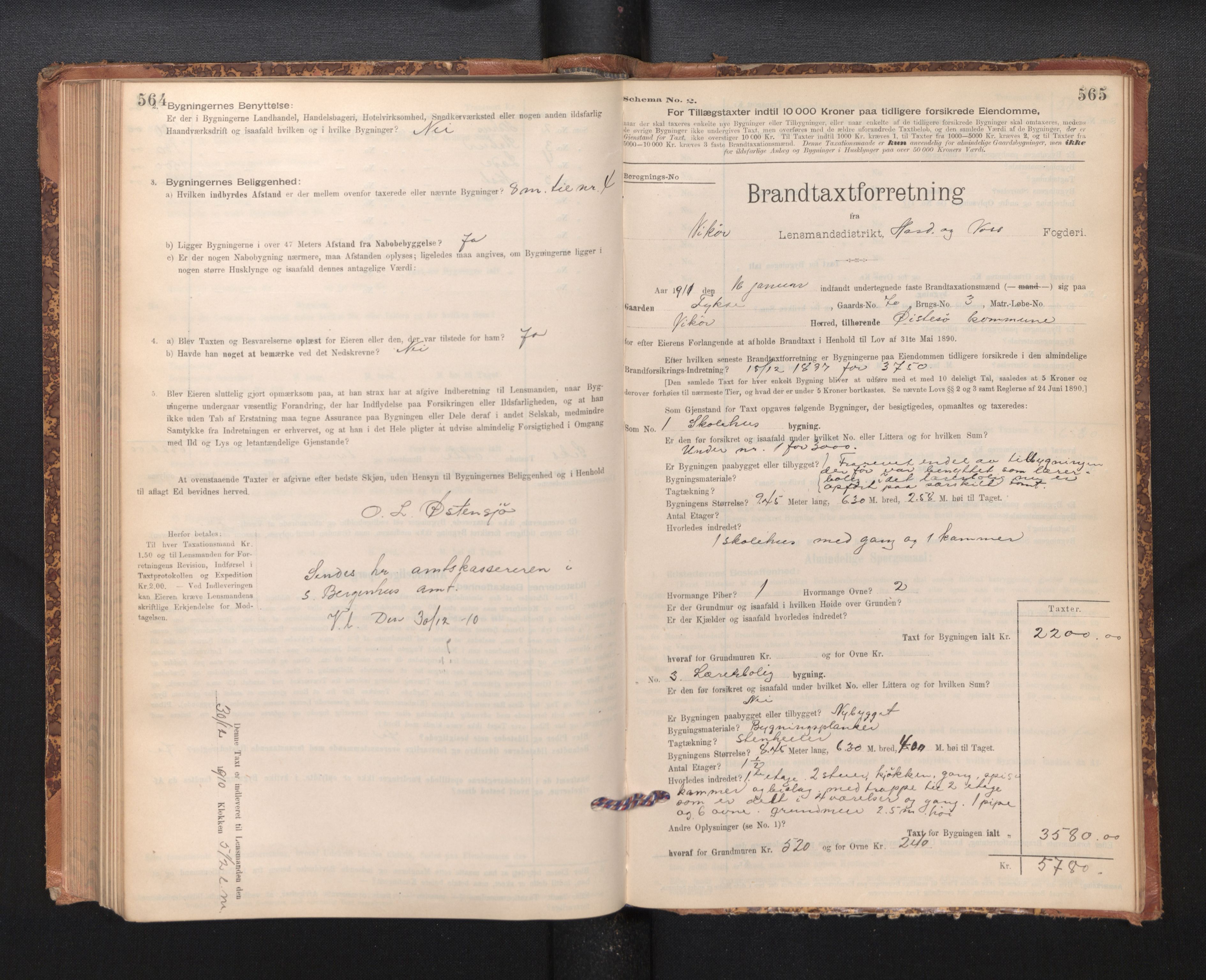 Lensmannen i Kvam, SAB/A-33201/0012/L0005: Branntakstprotokoll, skjematakst, 1894-1913, s. 564-565