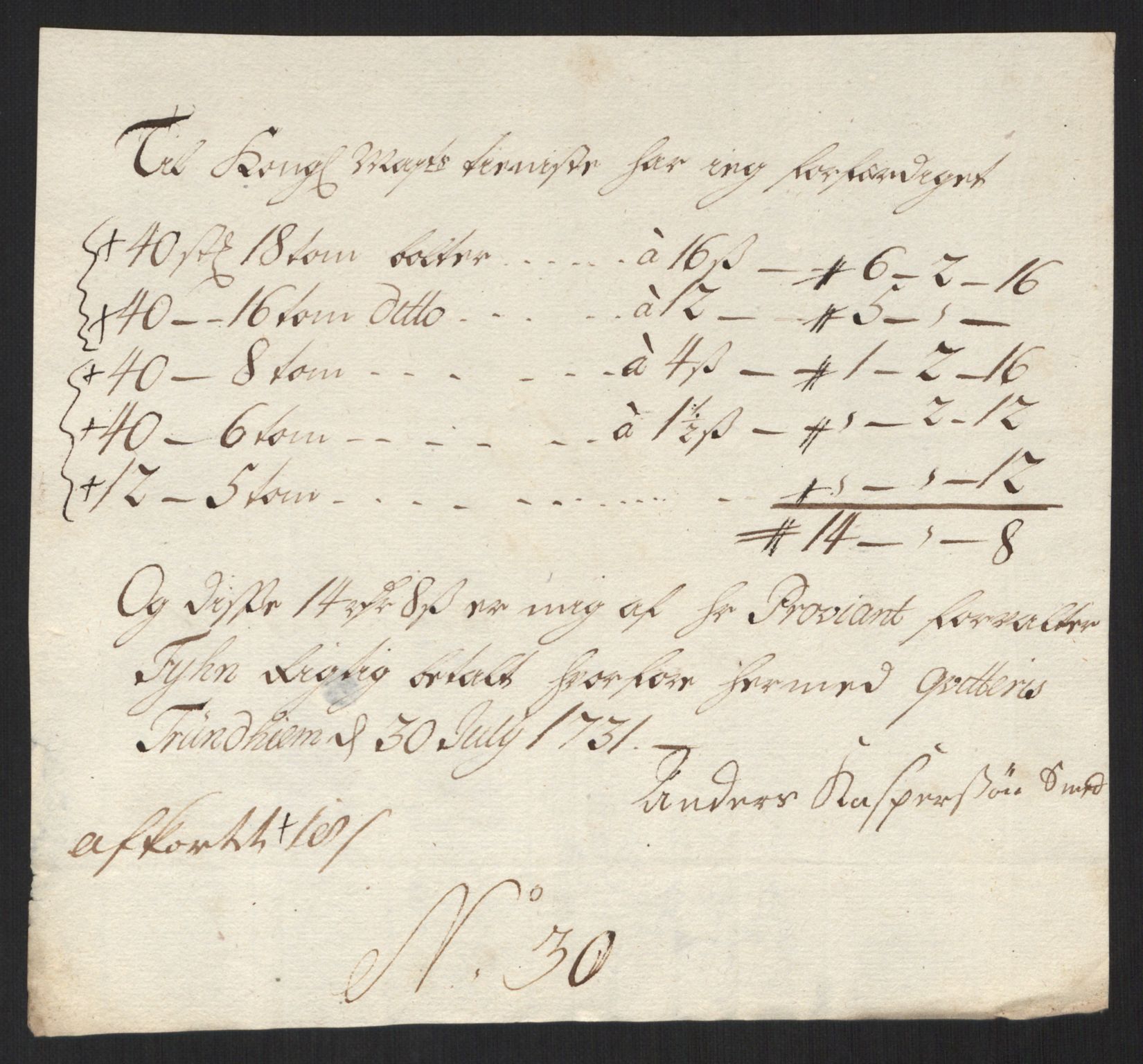 Rentekammeret inntil 1814, Reviderte regnskaper, Militære regnskaper, AV/RA-EA-4069/Rd/L0649: Trondheim festningsregnskaper, 1731