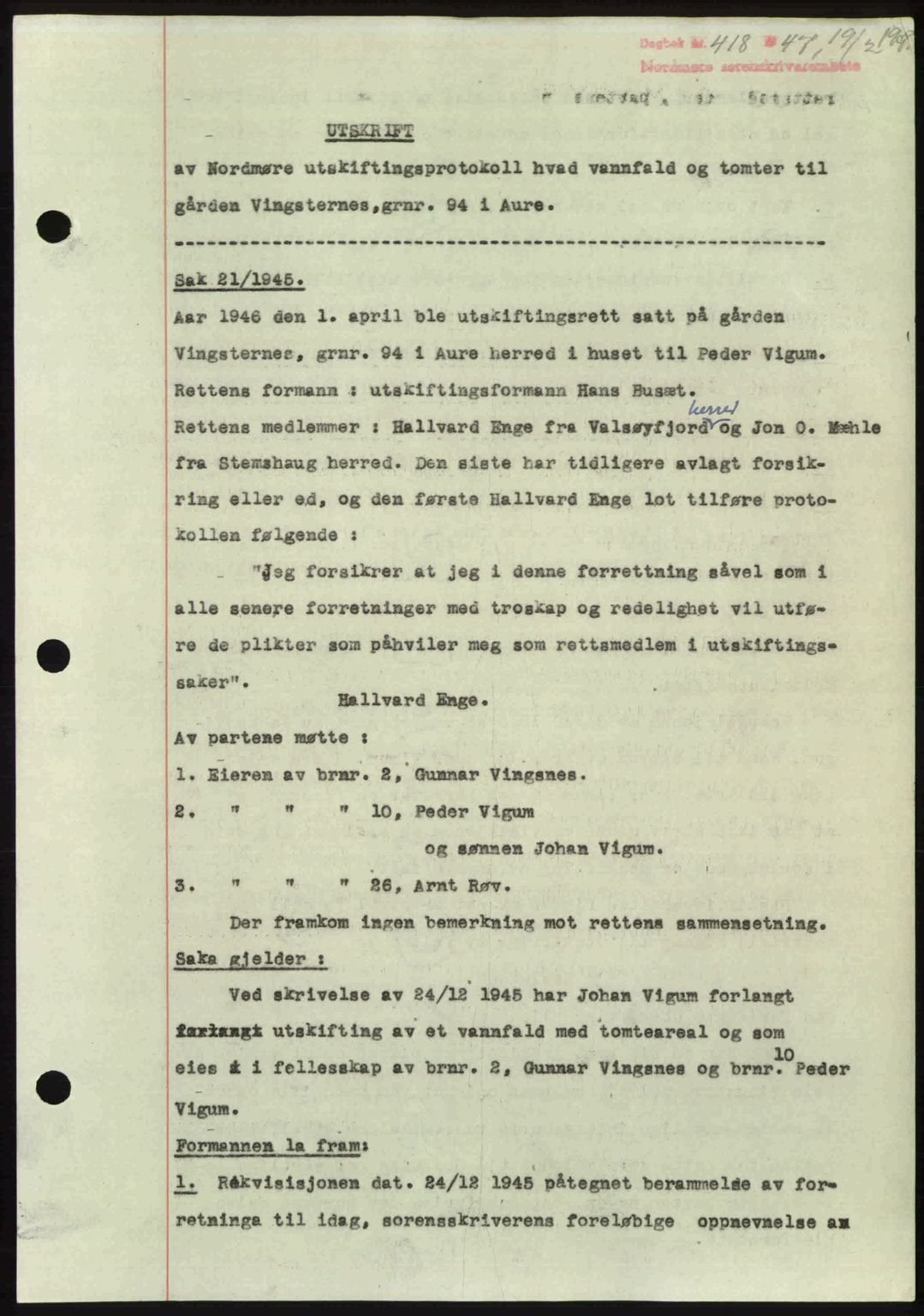 Nordmøre sorenskriveri, SAT/A-4132/1/2/2Ca: Pantebok nr. A104, 1947-1947, Dagboknr: 418/1947