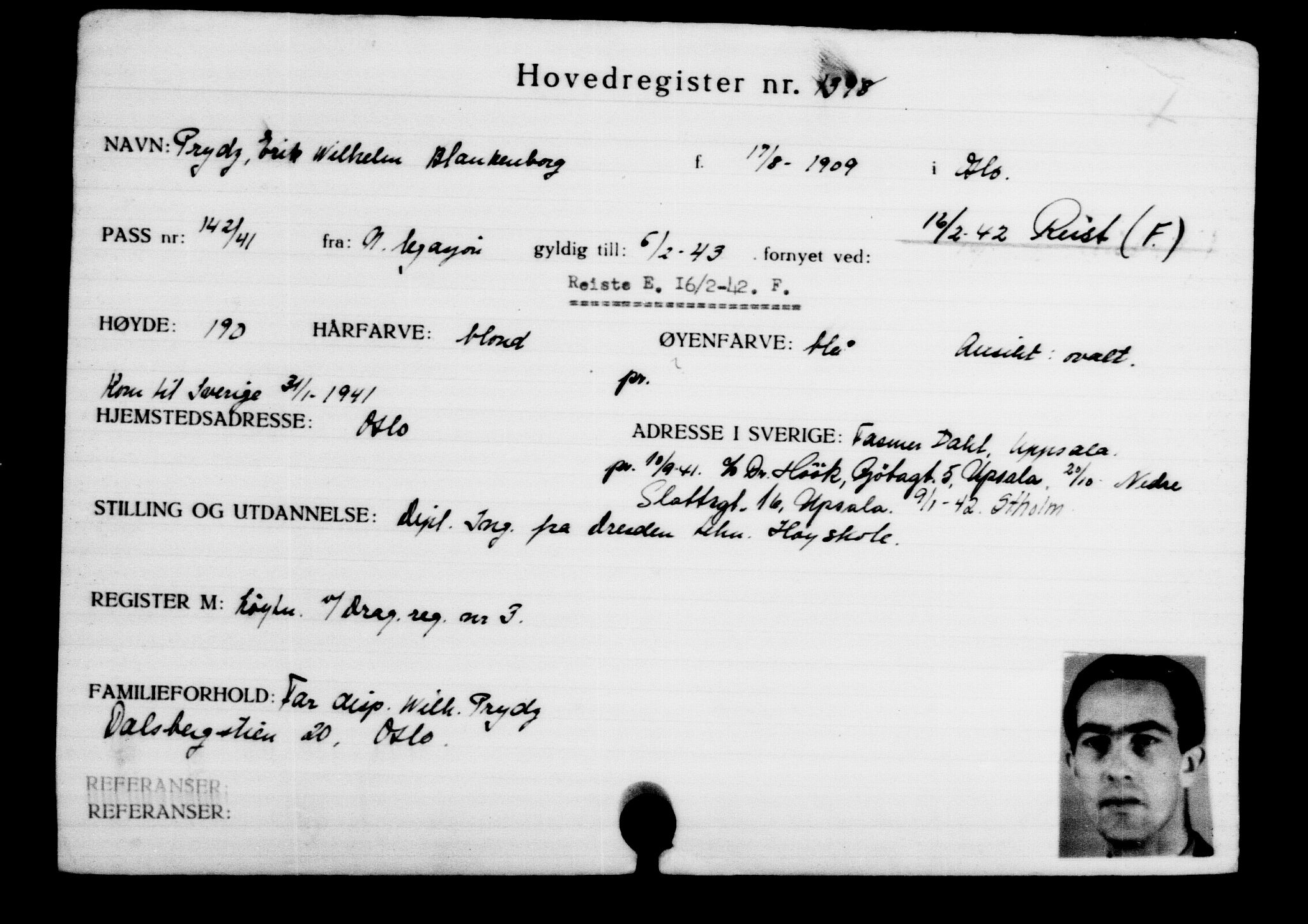 Utenriksstasjonene, Legasjonen i Stockholm, Flyktningkontoret, AV/RA-S-6753/V/Va/L0002: Kjesäterkartoteket, flyktninger med registreringsnr. 1001-2000, 1940-1945, s. 434
