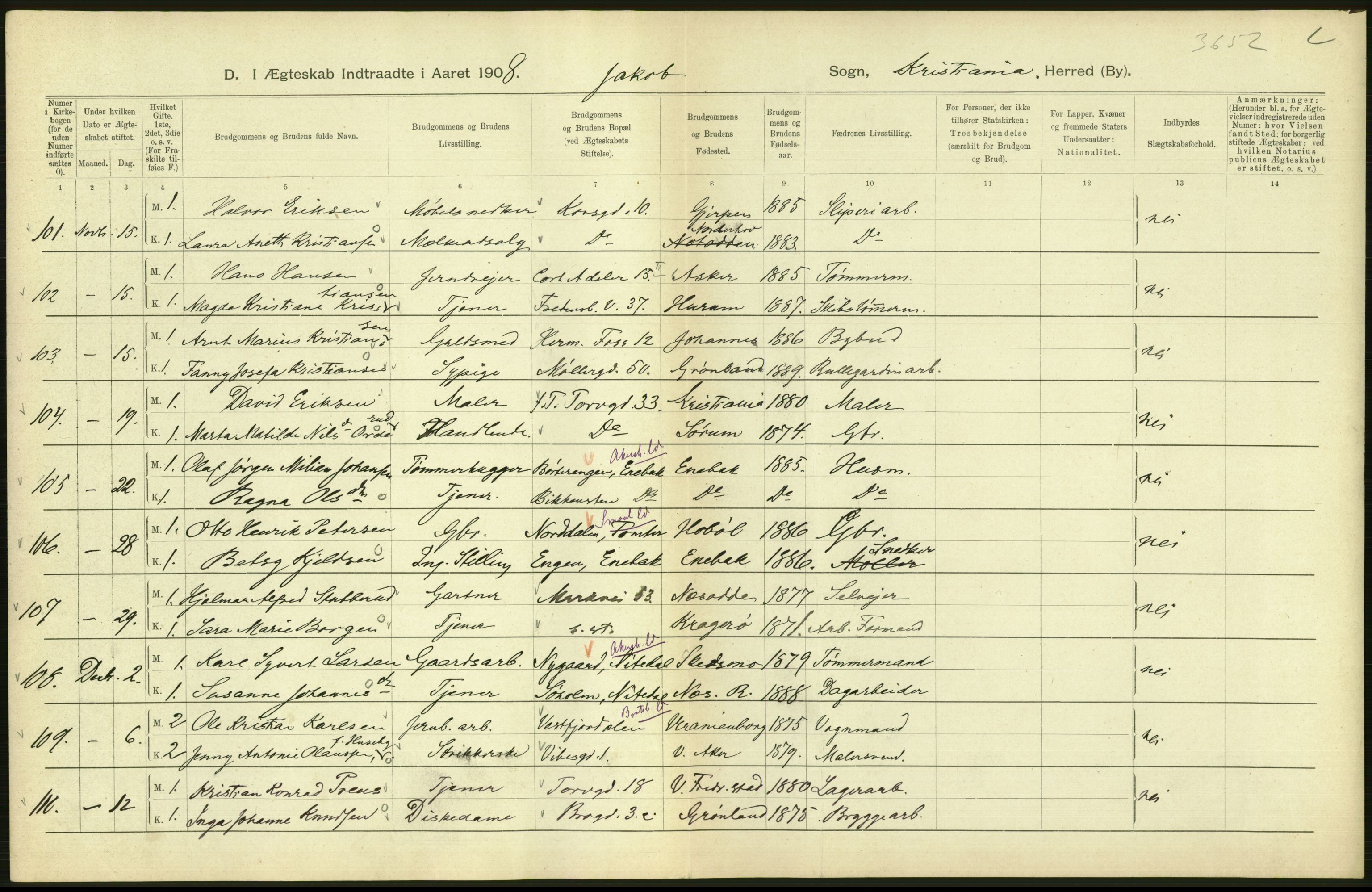 Statistisk sentralbyrå, Sosiodemografiske emner, Befolkning, AV/RA-S-2228/D/Df/Dfa/Dfaf/L0007: Kristiania: Gifte, 1908, s. 562