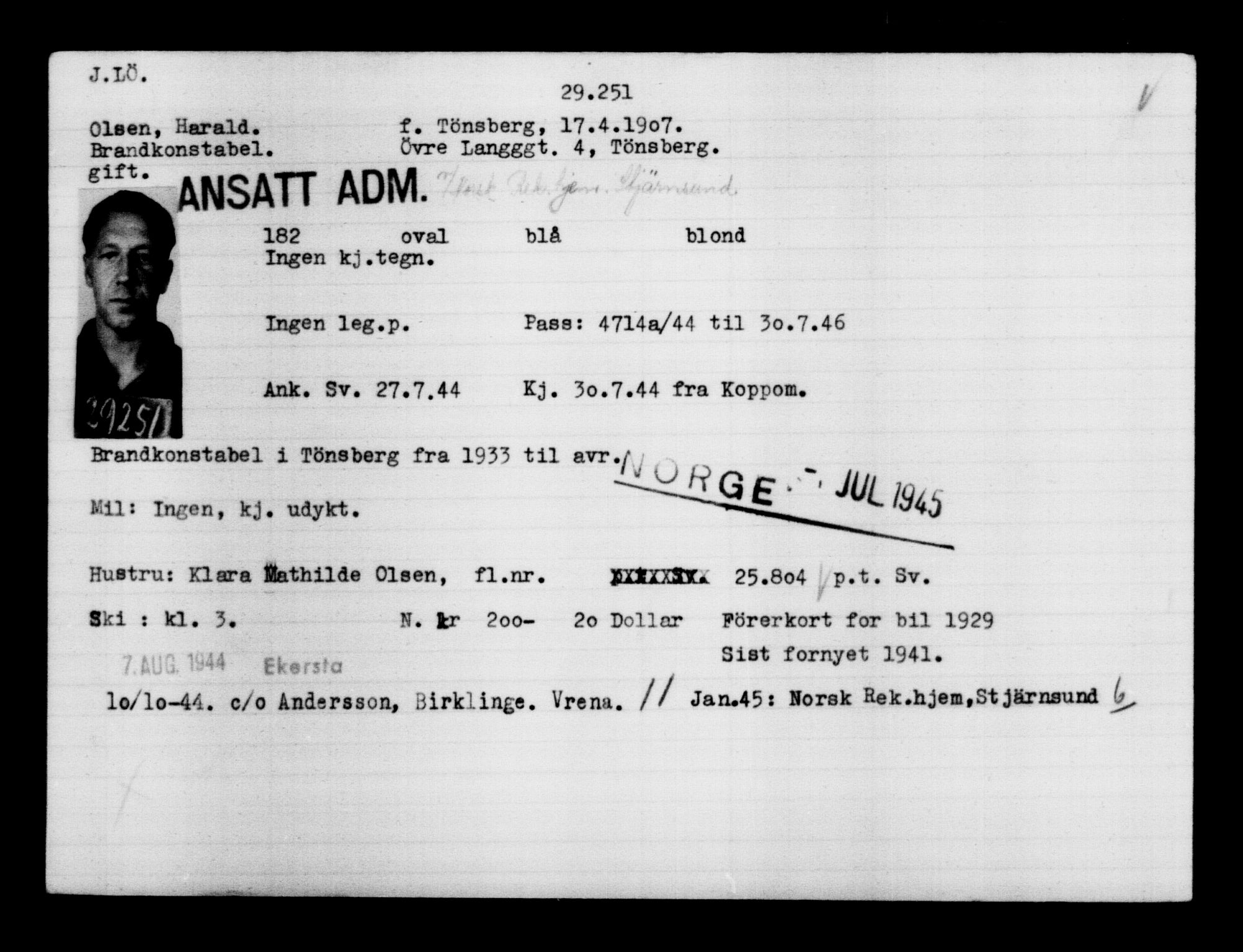 Utenriksstasjonene, Legasjonen i Stockholm, Flyktningkontoret, AV/RA-S-6753/V/Va/L0012: Kjesäterkartoteket, flyktninger med registreringsnr. 28300-31566, 1940-1945, s. 1040