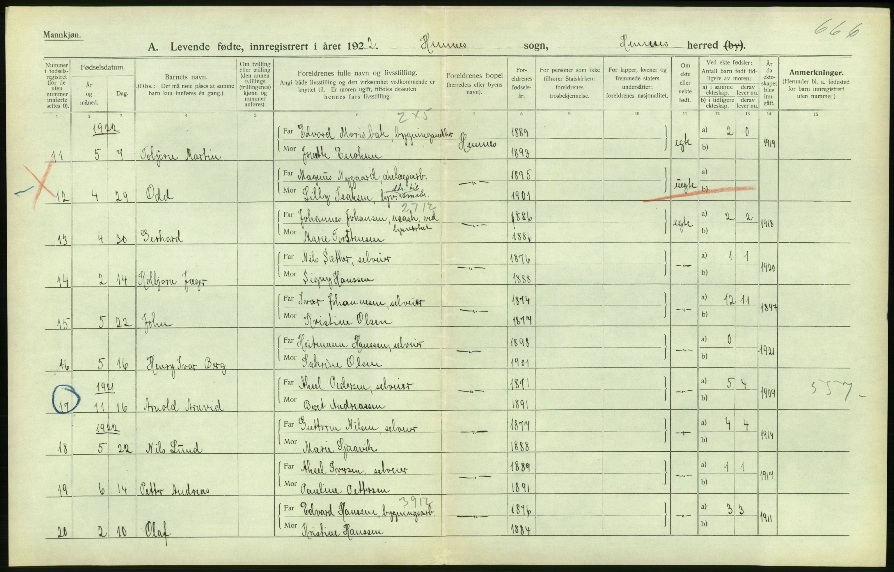 Statistisk sentralbyrå, Sosiodemografiske emner, Befolkning, RA/S-2228/D/Df/Dfc/Dfcb/L0044: Nordland fylke: Levendefødte menn og kvinner. Bygder og byer., 1922, s. 238