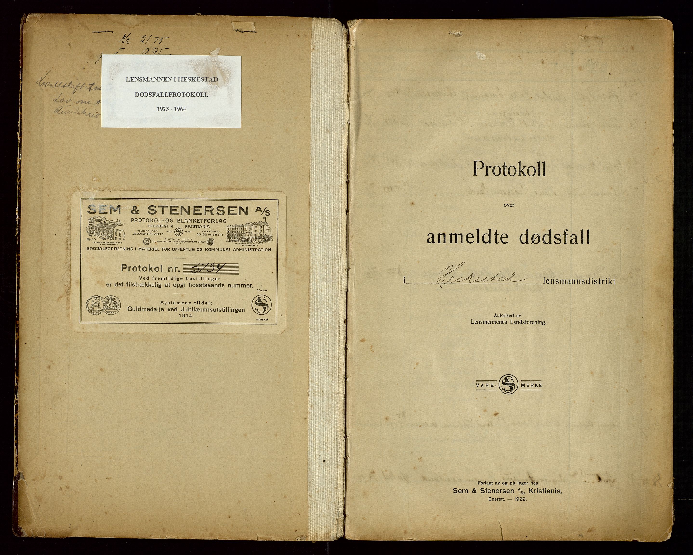 Heskestad lensmannskontor, AV/SAST-A-100304/Gga/L0001: "Protokoll over anmeldte dødsfall", 1923-1964