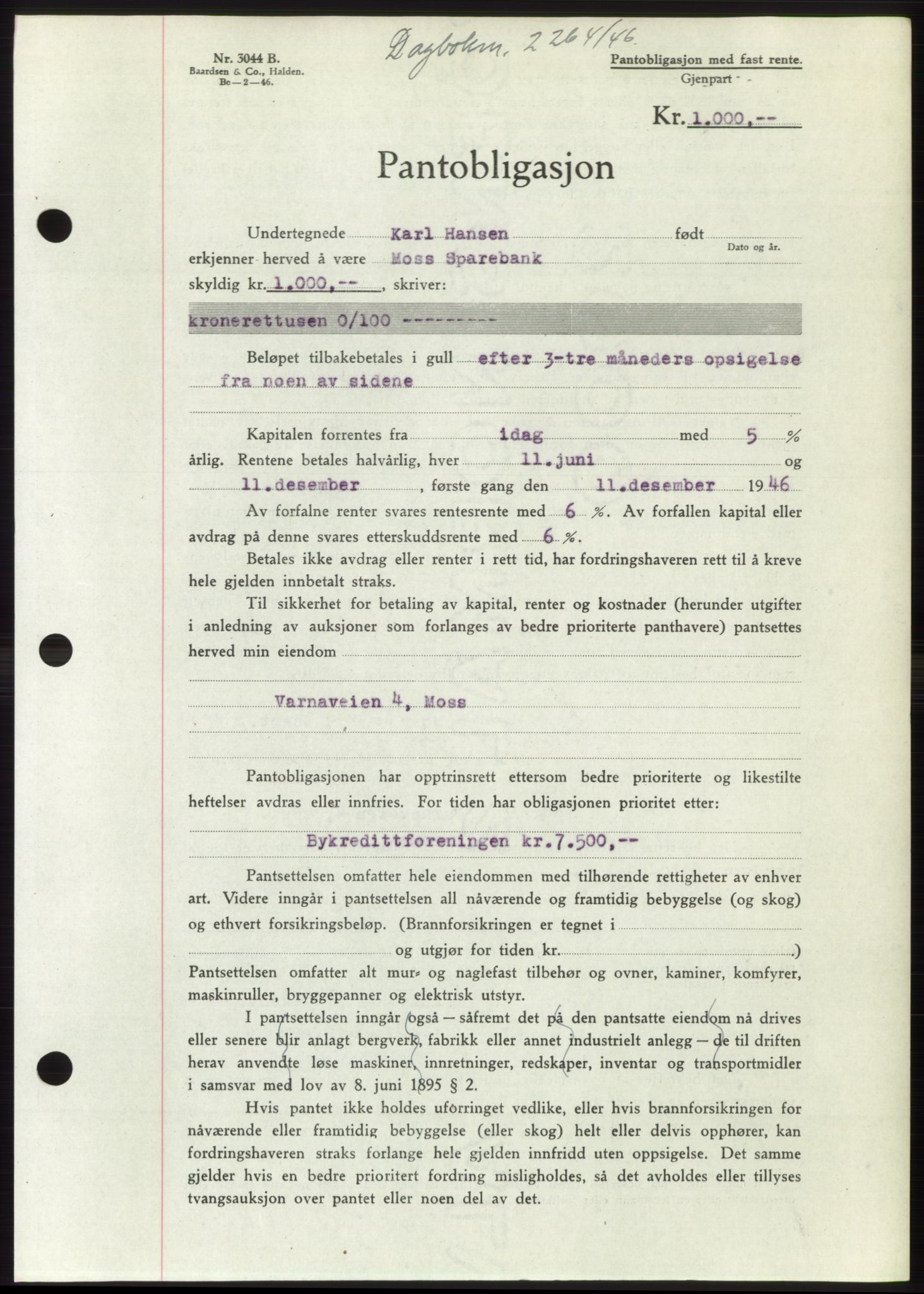 Moss sorenskriveri, SAO/A-10168: Pantebok nr. B16, 1946-1947, Dagboknr: 2264/1946