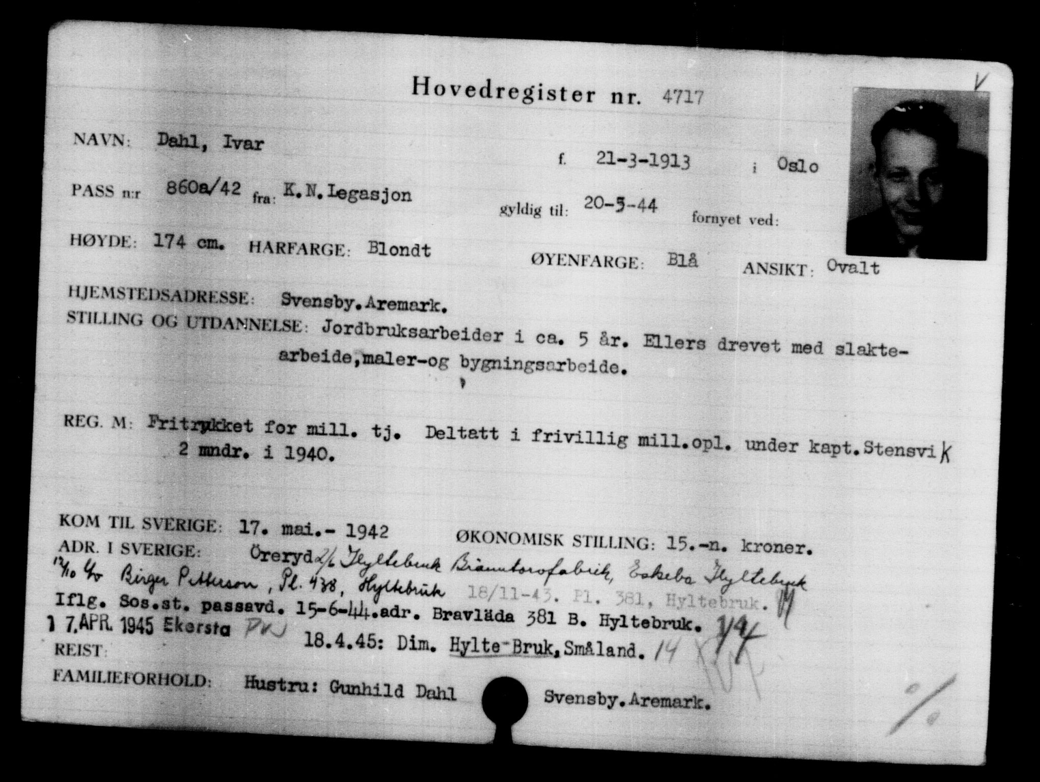 Utenriksstasjonene, Legasjonen i Stockholm, Flyktningkontoret, AV/RA-S-6753/V/Va/L0004: Kjesäterkartoteket, flyktninger med registreringsnr. 3496-6610, 1940-1945, s. 1443
