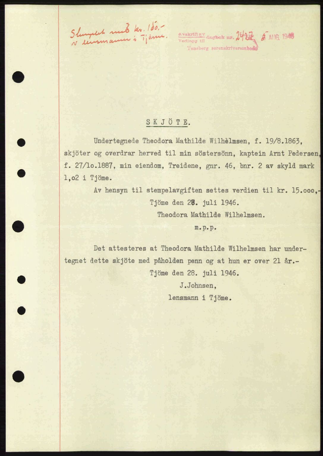 Tønsberg sorenskriveri, SAKO/A-130/G/Ga/Gaa/L0019: Pantebok nr. A19, 1946-1946, Dagboknr: 2427/1946