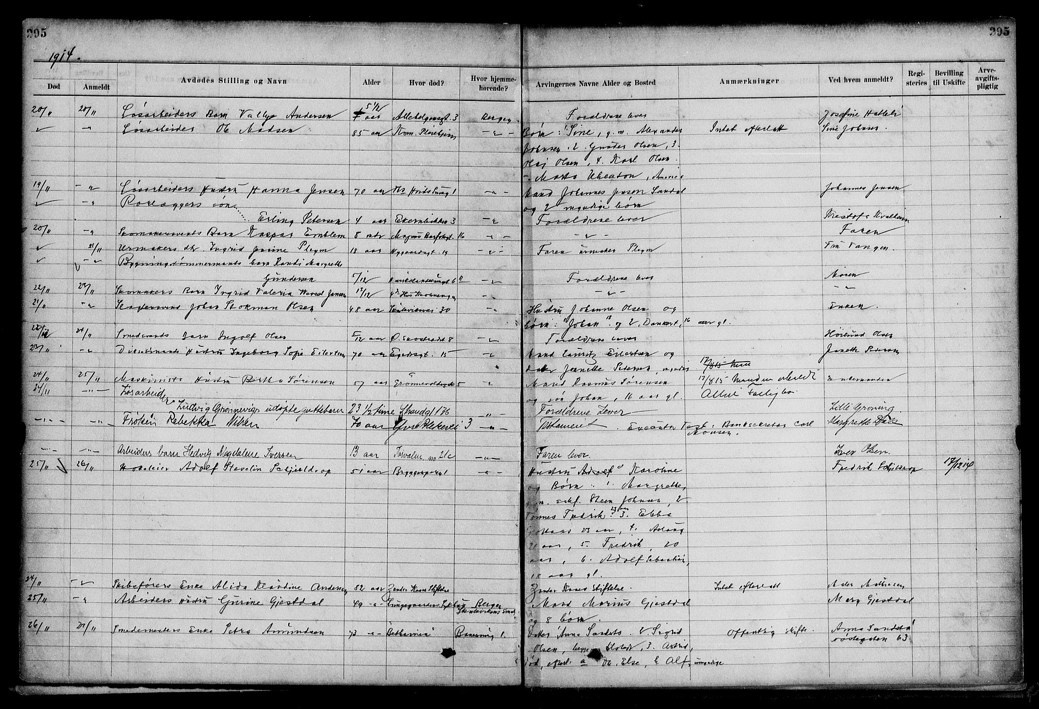 Byfogd og Byskriver i Bergen, AV/SAB-A-3401/06/06Na/L0009: Dødsfallsjournaler, 1910-1915, s. 295