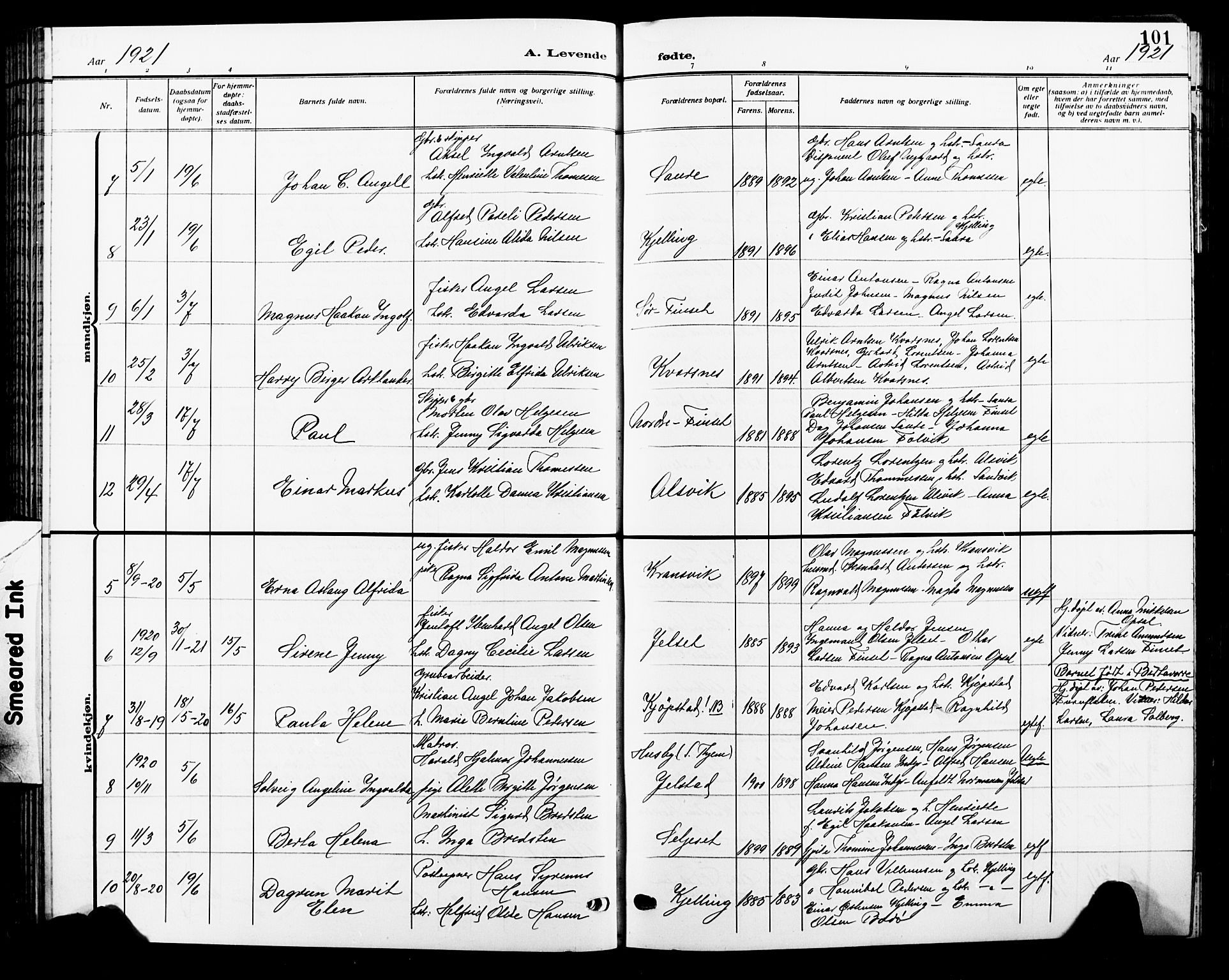 Ministerialprotokoller, klokkerbøker og fødselsregistre - Nordland, AV/SAT-A-1459/805/L0110: Klokkerbok nr. 805C06, 1909-1924, s. 101