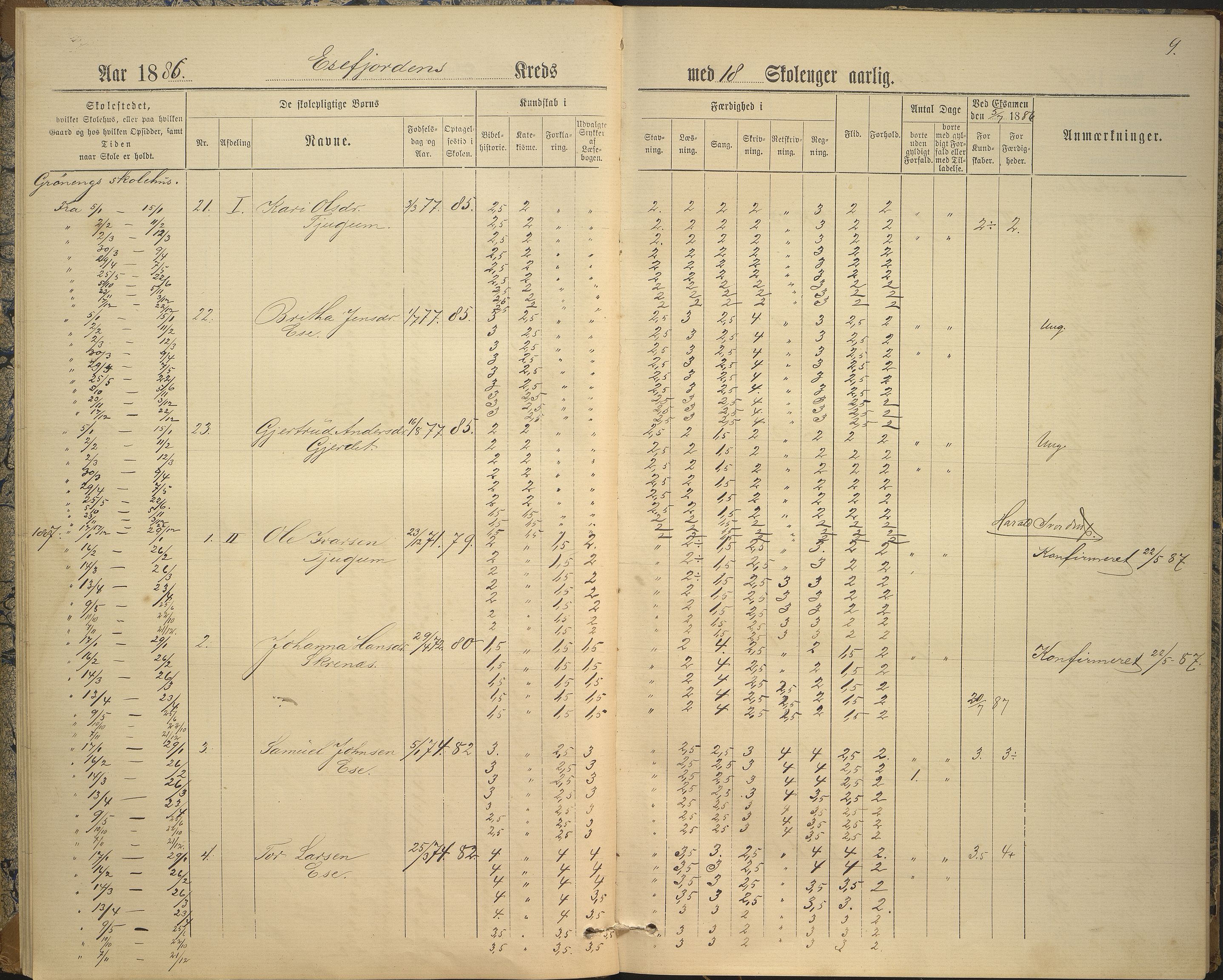 Balestrand kommune. Grøneng skule/Esefjorden skulekrins, VLFK/K-14180.520.07/542/L0001: skuleprotokoll for Esefjorden skulekrins, 1885-1913, s. 9