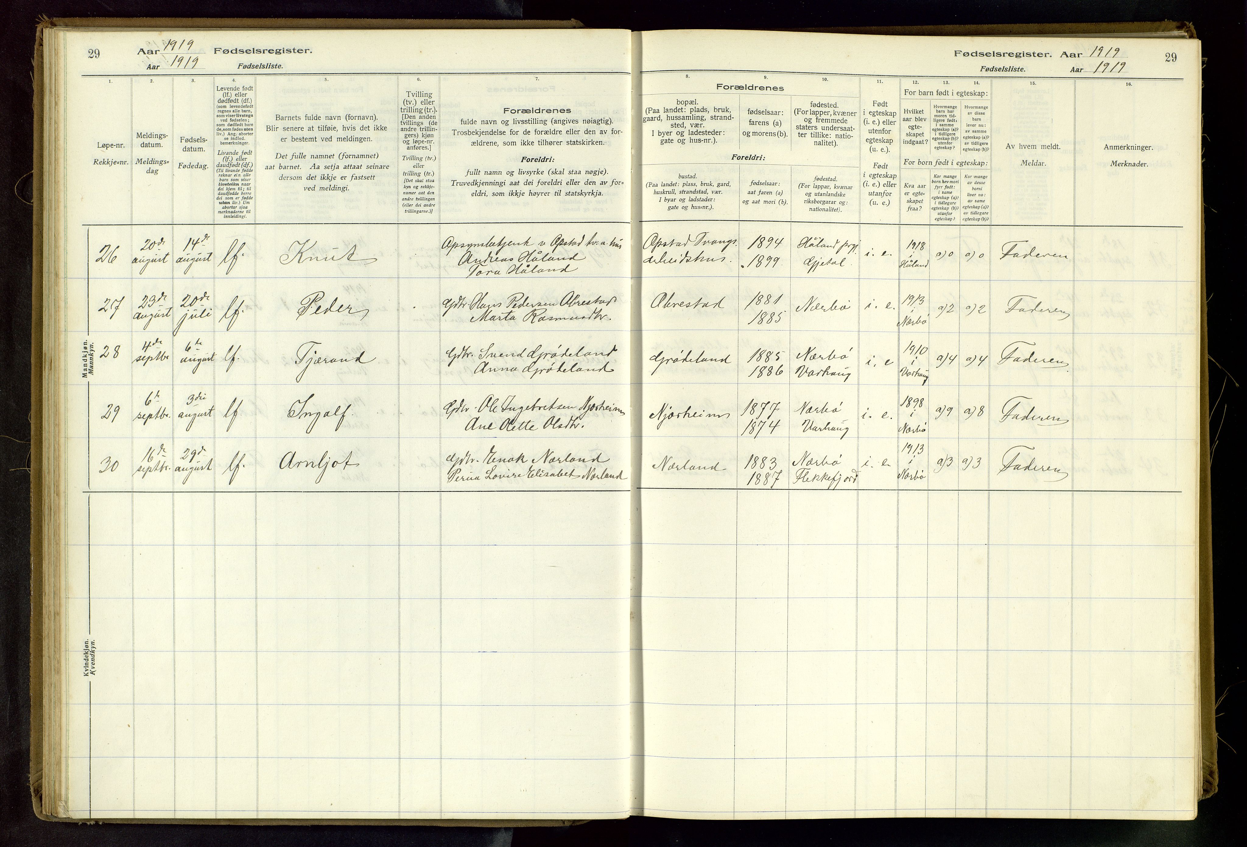 Hå sokneprestkontor, AV/SAST-A-101801/002/C/L0001: Fødselsregister nr. 1, 1916-1945, s. 29