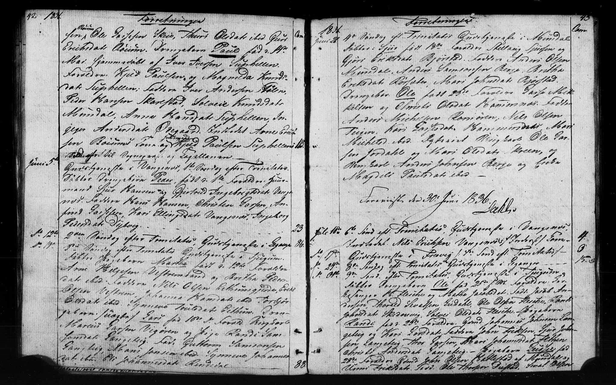 Leikanger sokneprestembete, SAB/A-81001: Residerende kapellans bok nr. A 1A, 1833-1838, s. 42-43