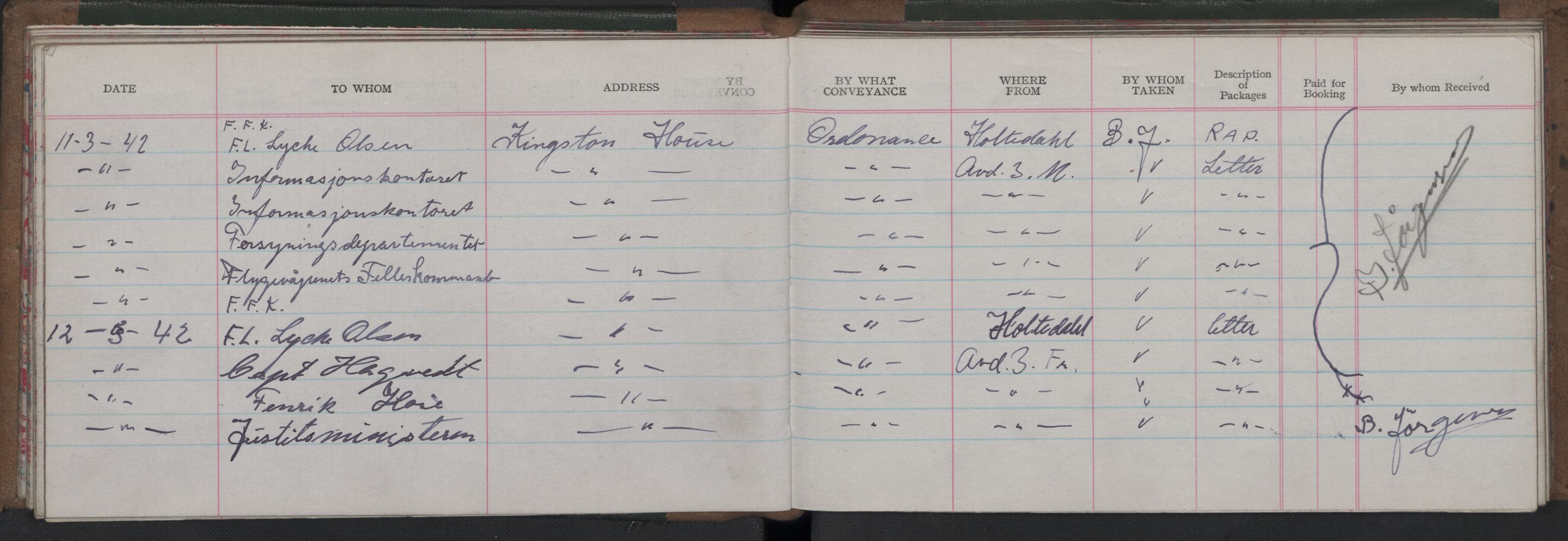 Forsvarets Overkommando. 2. kontor. Arkiv 8.3 (FO.II/8.3). Korrespondanse FD/E og FO.II, AV/RA-RAFA-7141/Dac/Dacb/L0003: Parcel books, 1941-1943, s. 140