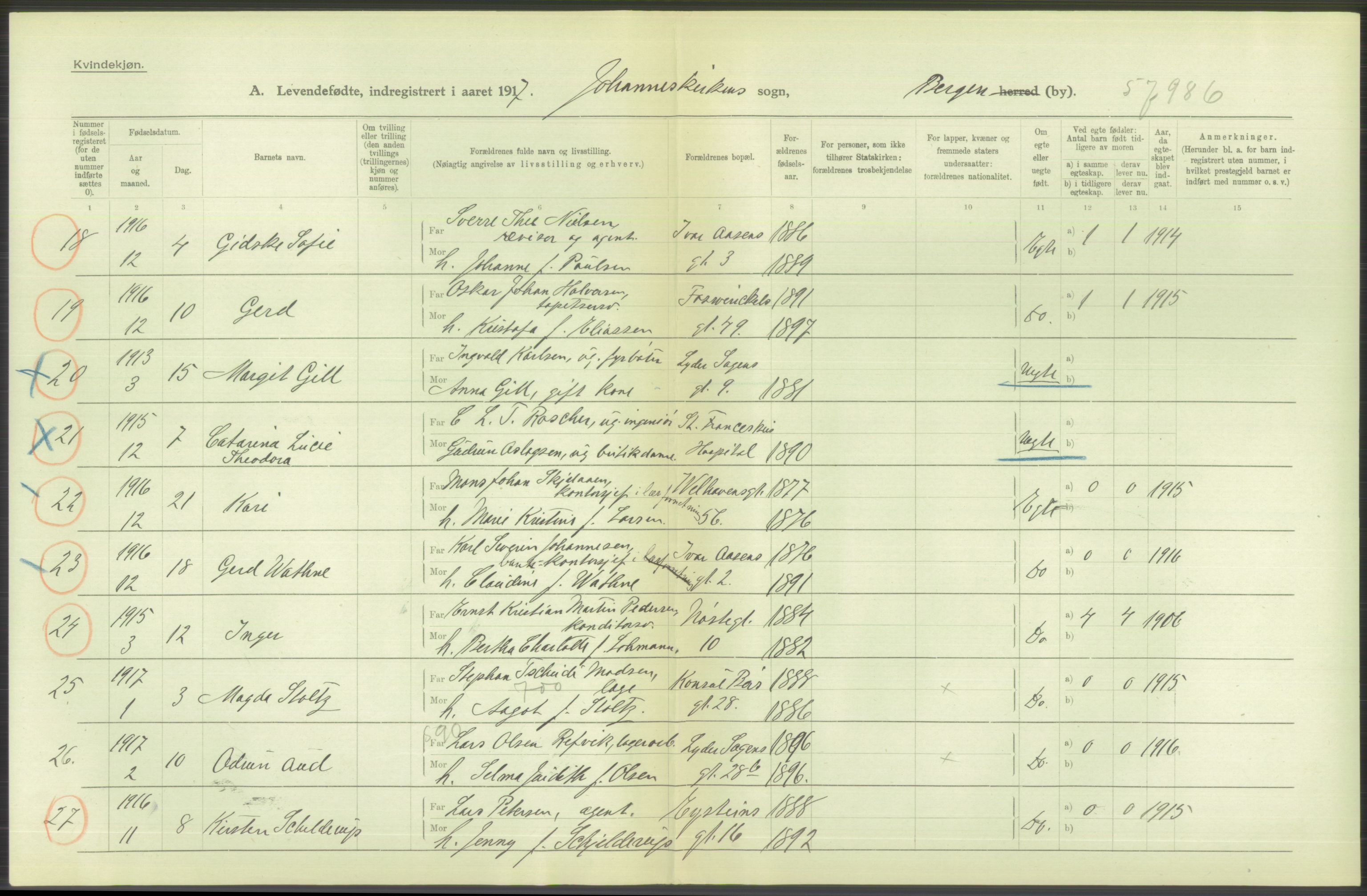 Statistisk sentralbyrå, Sosiodemografiske emner, Befolkning, RA/S-2228/D/Df/Dfb/Dfbg/L0037: Bergen: Levendefødte menn og kvinner., 1917, s. 212