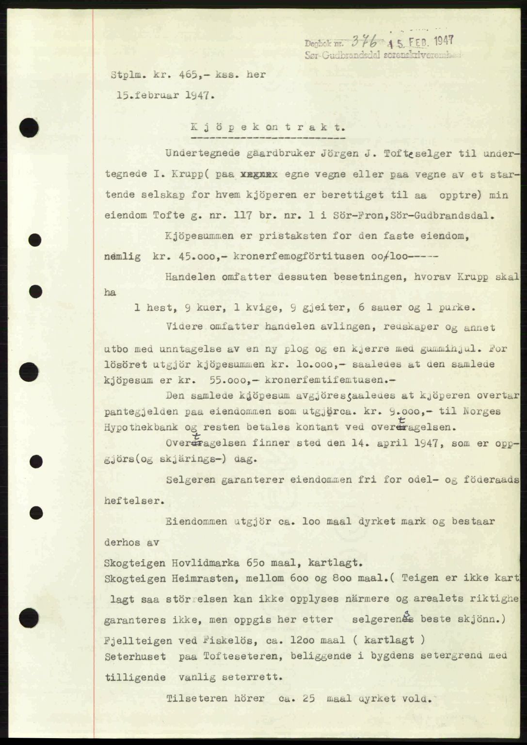 Sør-Gudbrandsdal tingrett, SAH/TING-004/H/Hb/Hbd/L0018: Pantebok nr. A18, 1947-1947, Dagboknr: 376/1947