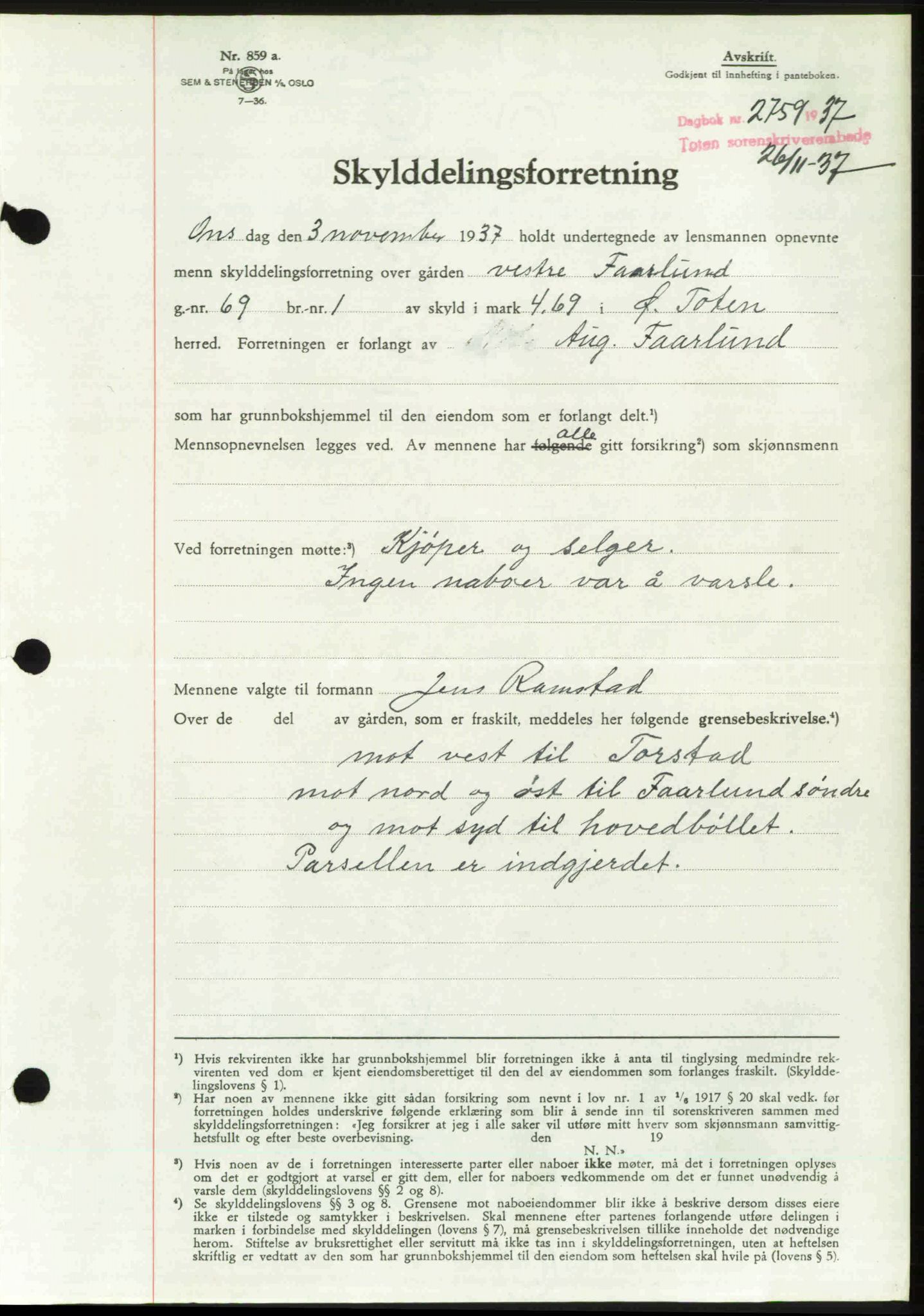 Toten tingrett, SAH/TING-006/H/Hb/Hbc/L0003: Pantebok nr. Hbc-03, 1937-1938, Dagboknr: 2759/1937