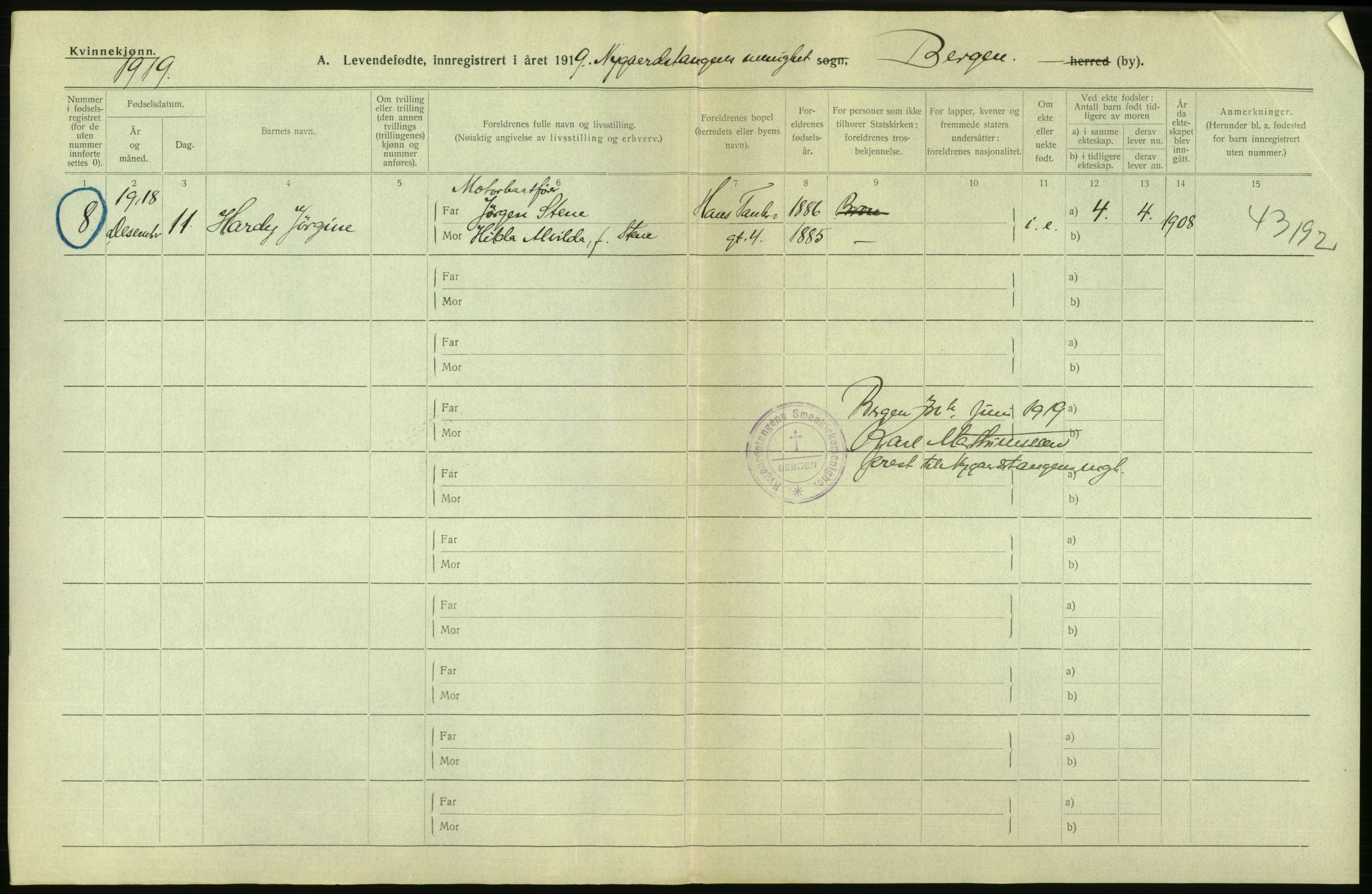 Statistisk sentralbyrå, Sosiodemografiske emner, Befolkning, AV/RA-S-2228/D/Df/Dfb/Dfbi/L0034: Bergen: Levendefødte menn og kvinner., 1919, s. 10