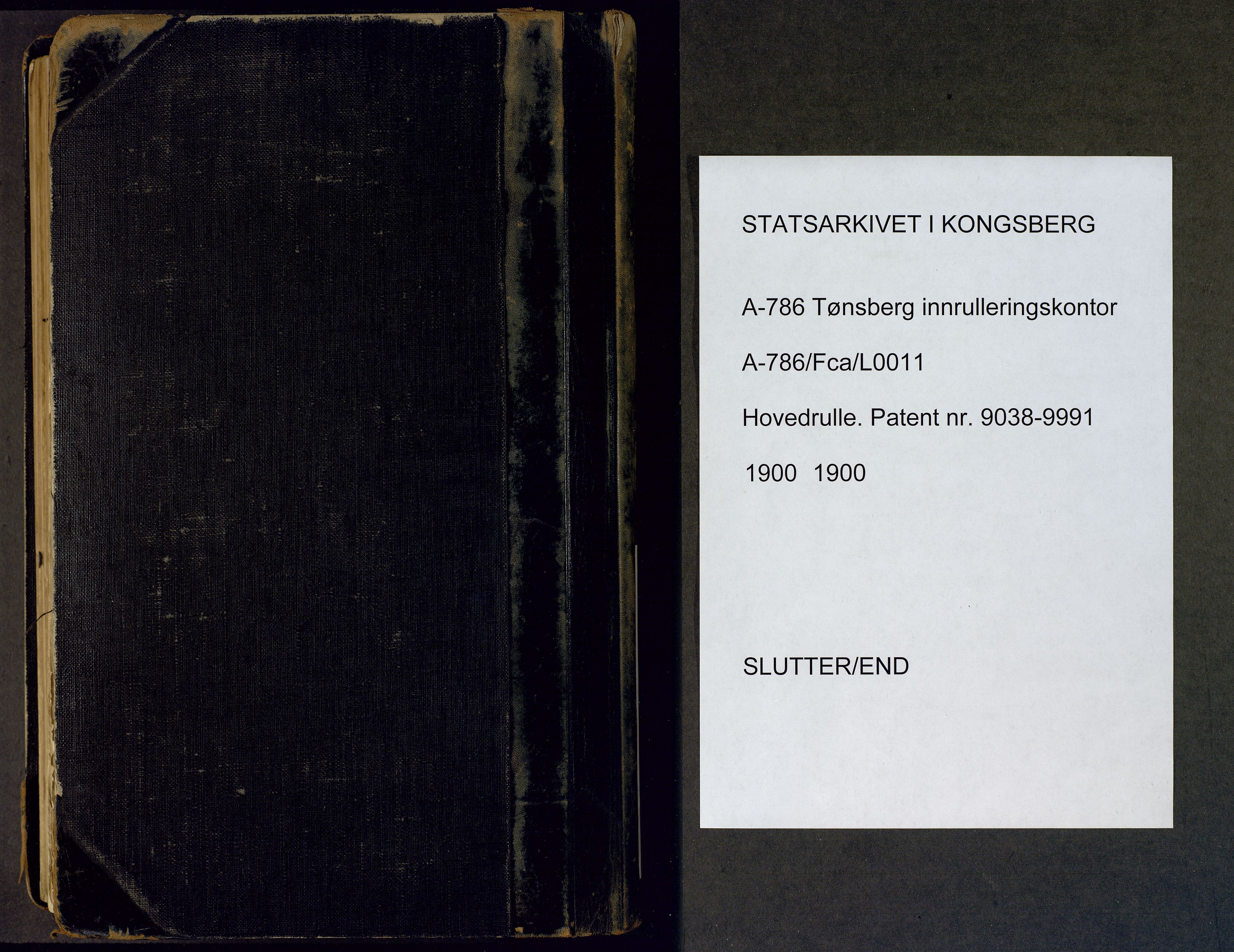 Tønsberg innrulleringskontor, SAKO/A-786/F/Fc/Fca/L0011: Hovedrulle Patent nr. 9038-9992, 1900-1912