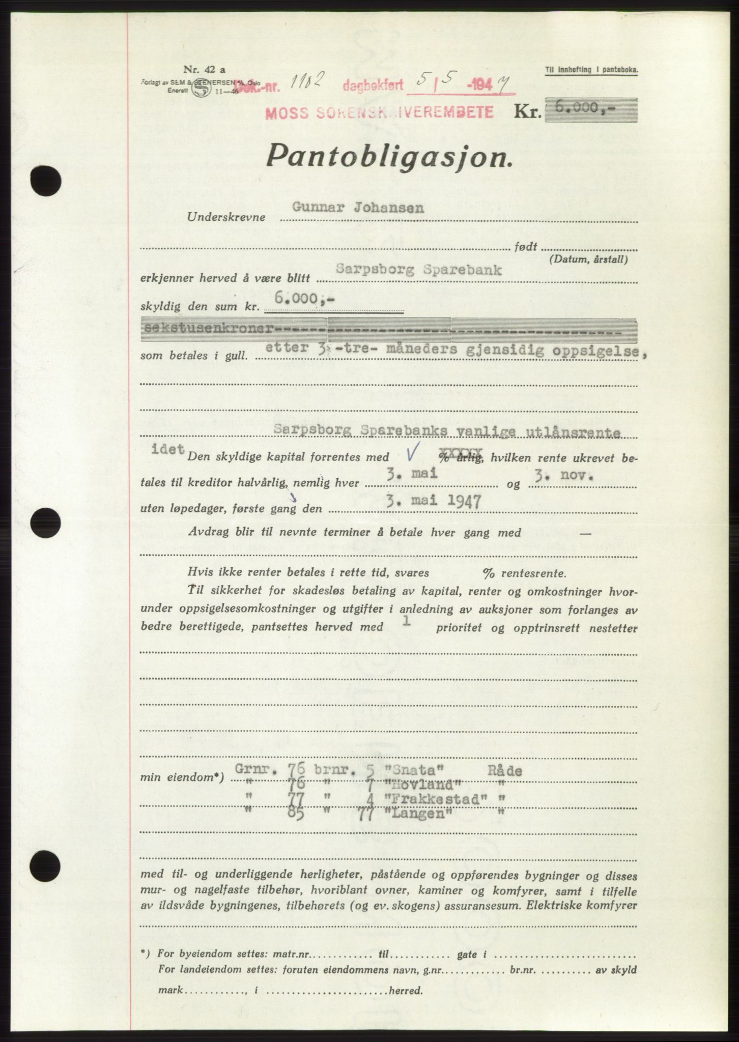 Moss sorenskriveri, SAO/A-10168: Pantebok nr. B17, 1947-1947, Dagboknr: 1182/1947