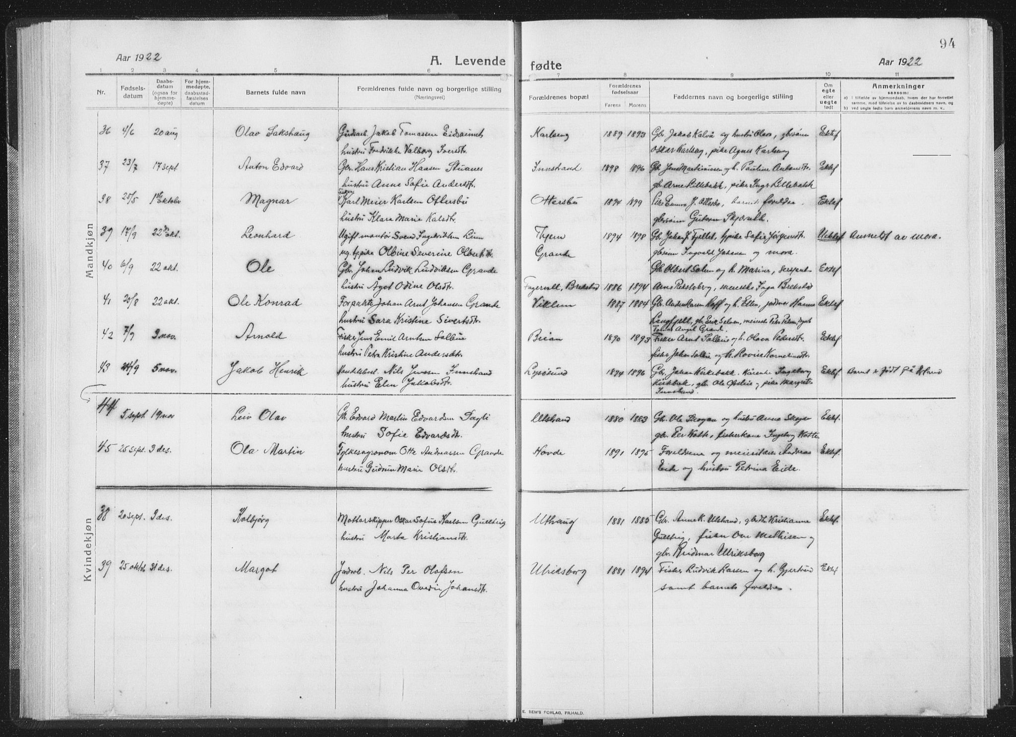 Ministerialprotokoller, klokkerbøker og fødselsregistre - Sør-Trøndelag, SAT/A-1456/659/L0747: Klokkerbok nr. 659C04, 1913-1938, s. 94