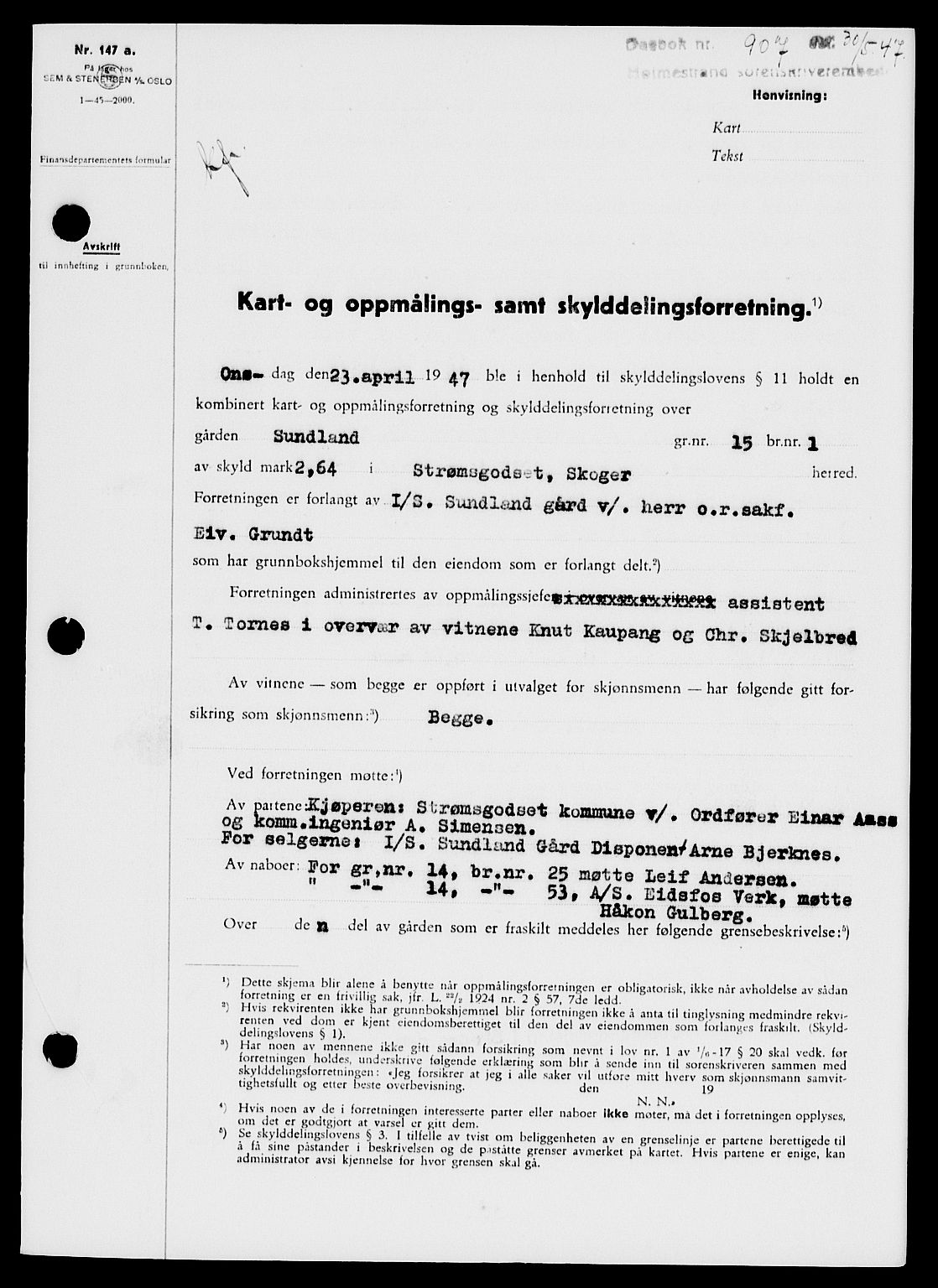 Holmestrand sorenskriveri, SAKO/A-67/G/Ga/Gaa/L0062: Pantebok nr. A-62, 1947-1947, Dagboknr: 907/1947