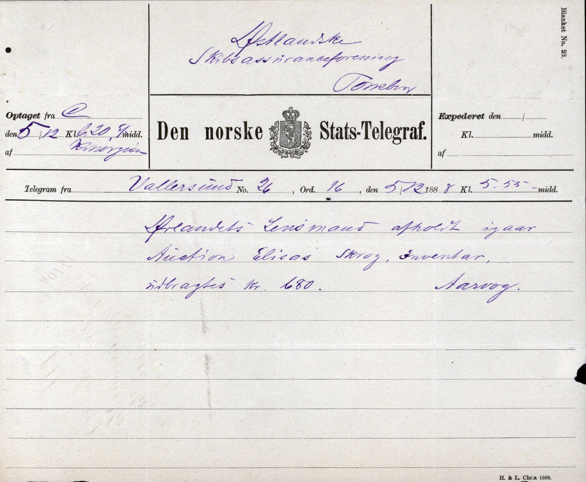 Pa 63 - Østlandske skibsassuranceforening, VEMU/A-1079/G/Ga/L0022/0004: Havaridokumenter / Try, Tre Brødre, Vidar, Elisa, Dagny, 1888, s. 96