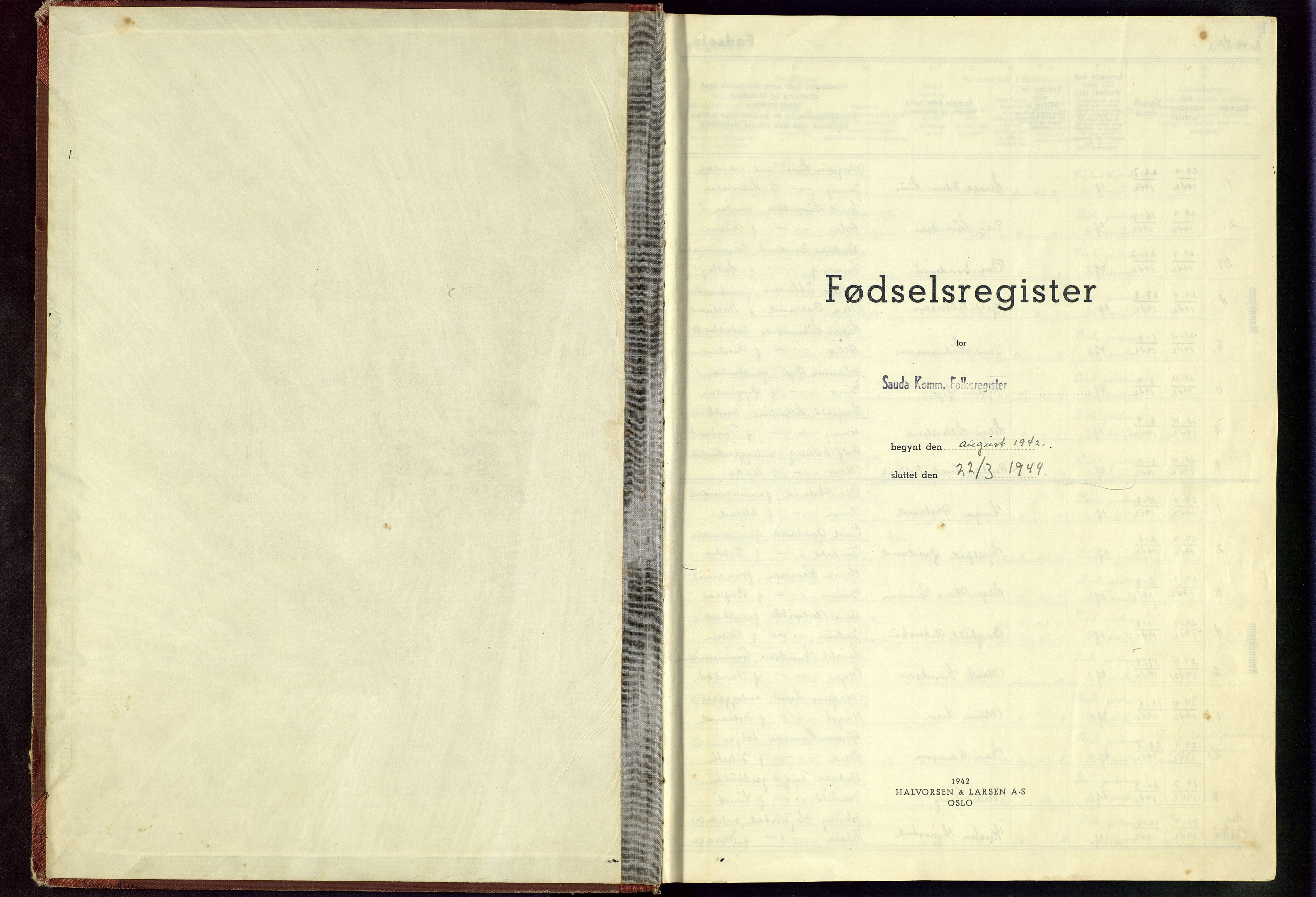 Sand sokneprestkontor, SAST/A-101848/01/V/L0002: Fødselsregister nr. 2, 1942-1945