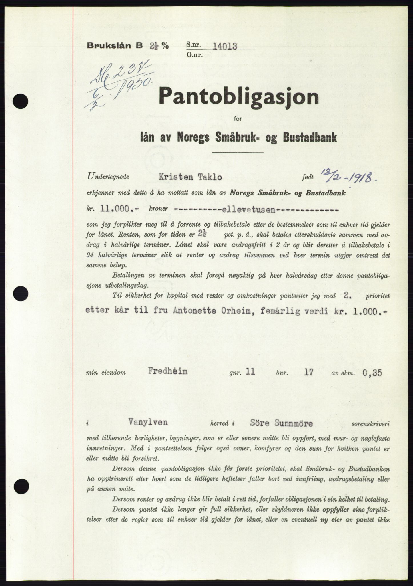 Søre Sunnmøre sorenskriveri, SAT/A-4122/1/2/2C/L0118: Pantebok nr. 6B, 1949-1950, Dagboknr: 237/1950