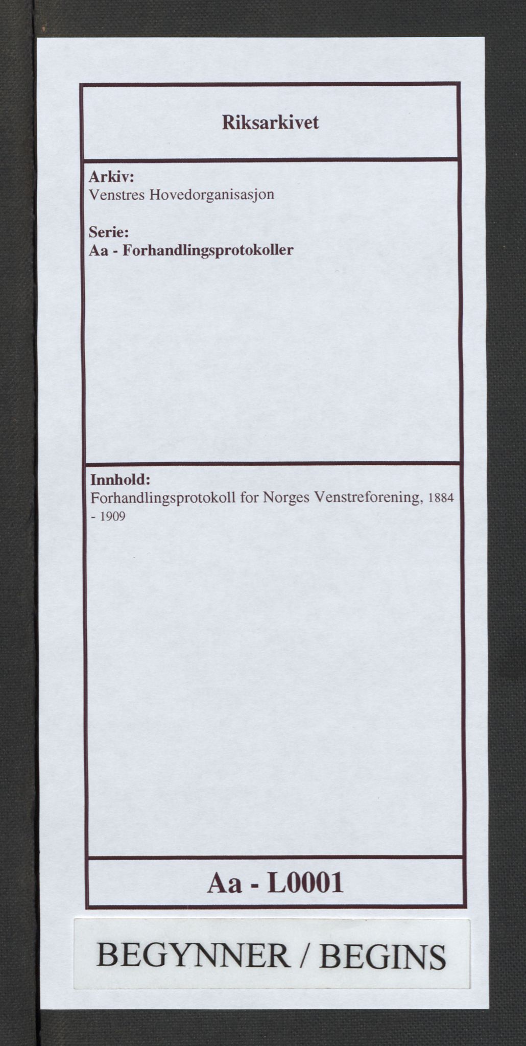 Venstres Hovedorganisasjon, RA/PA-0876/Aa/L0001: Forhandlingsprotokoll for Norges Venstreforening, 1884-1909, s. 1