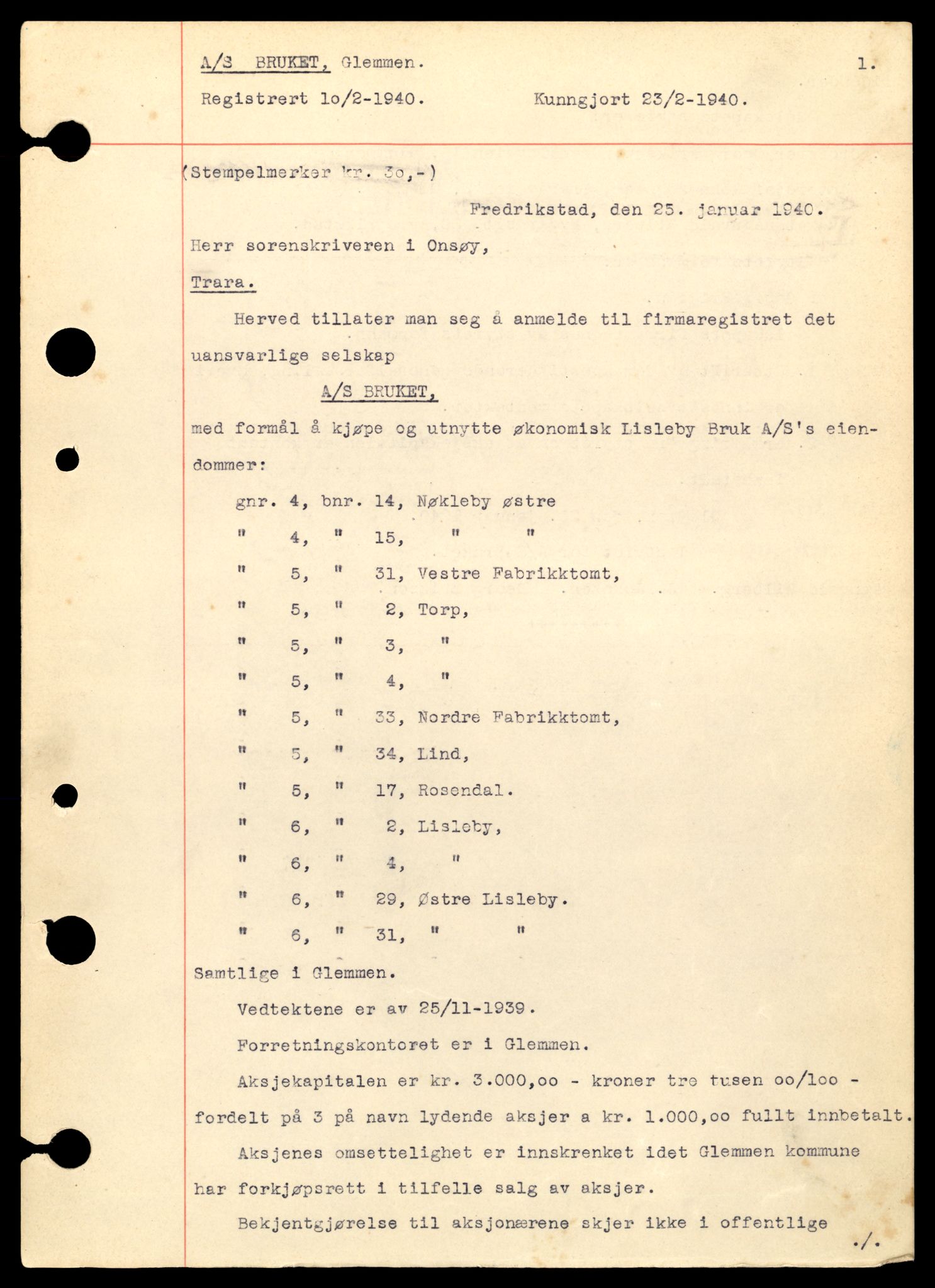 Fredrikstad tingrett, SAT/A-10473/K/Kb/Kba/L0005: Enkeltmannsforetak, aksjeselskap og andelslag, Bru-Cap, 1944-1990, s. 1